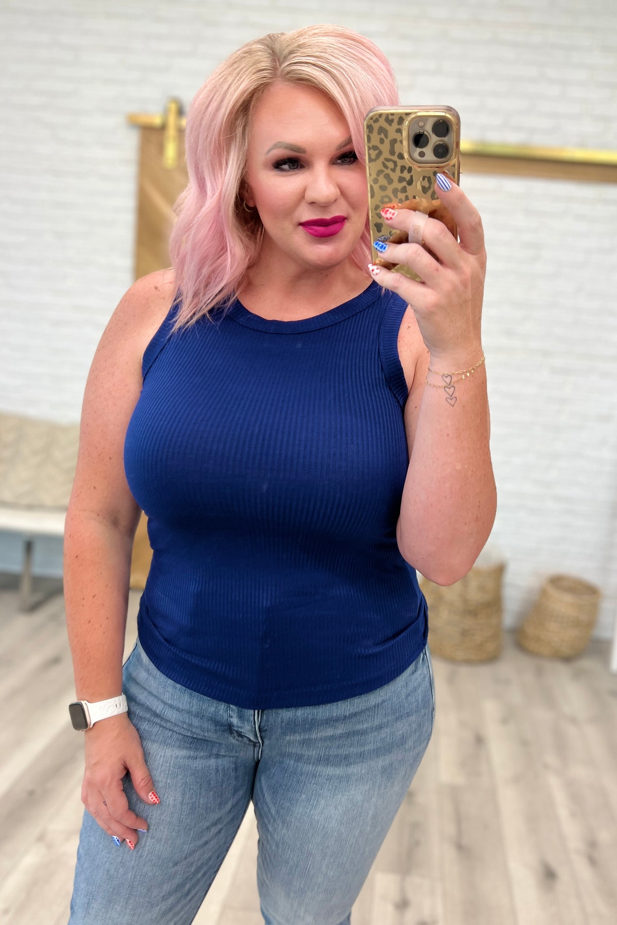 Ribbed Scoop Tank Top in Light Navy - 8/2/2023