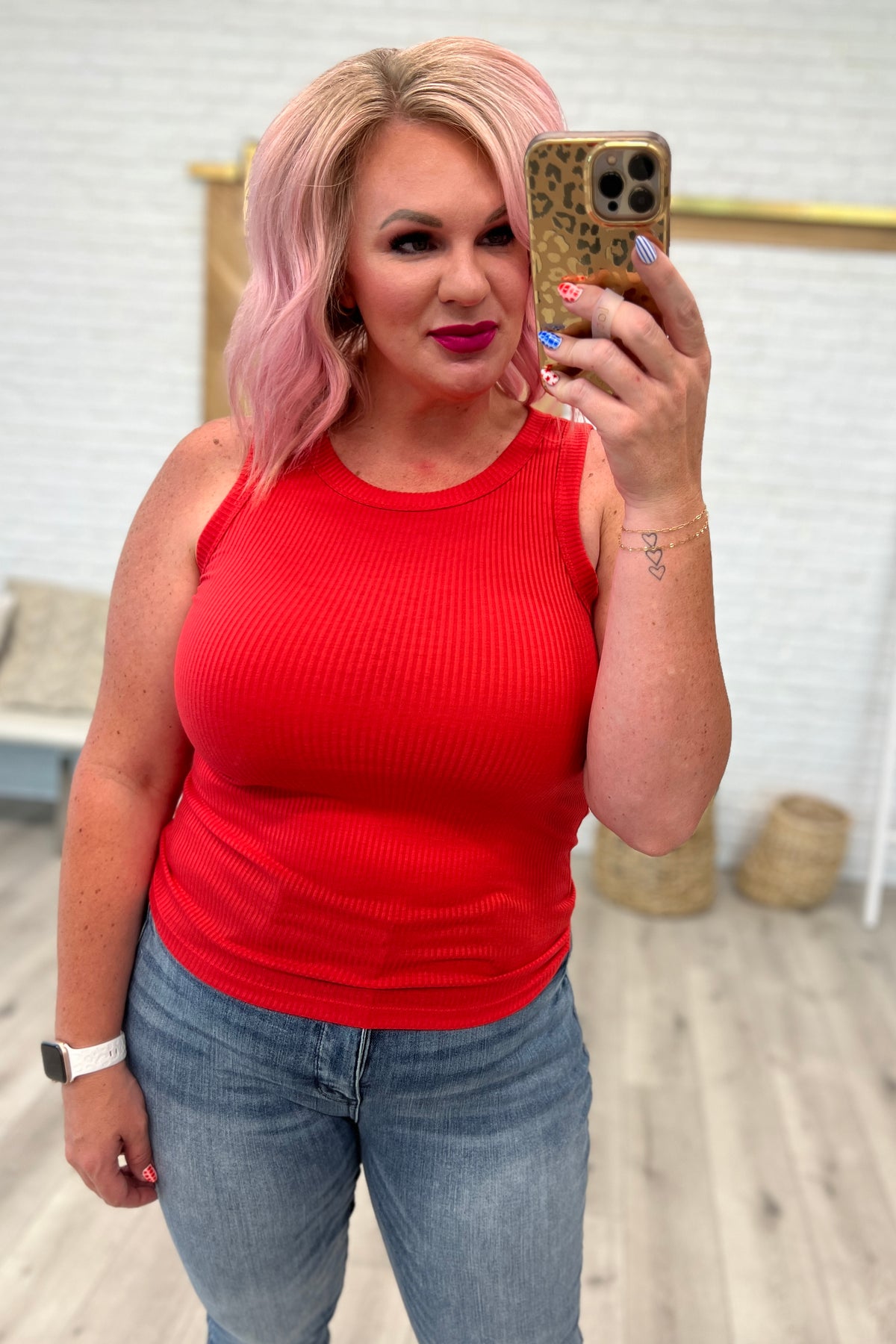 Ribbed Scoop Tank Top in Light Red - 8/2/2023