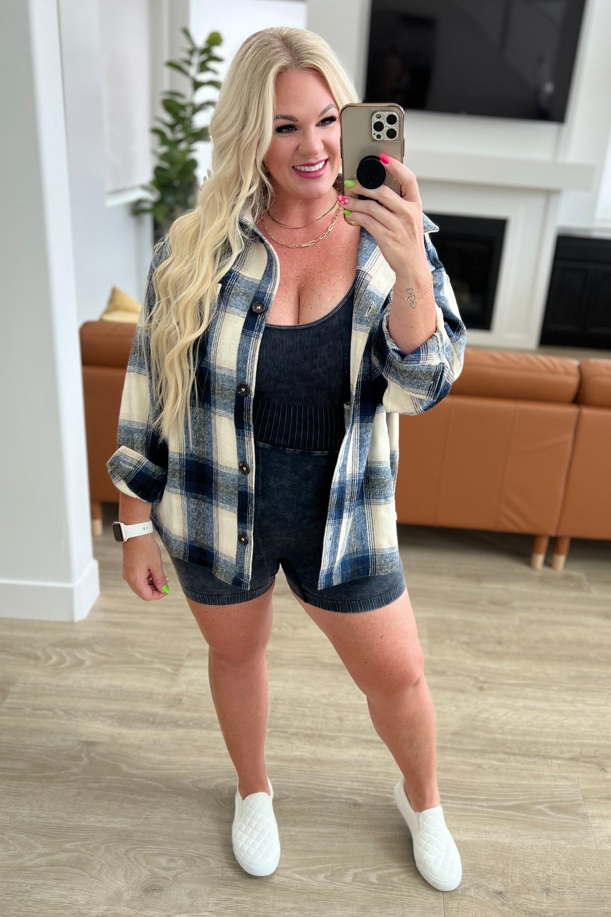 Oversized Longline Plaid Shacket in Navy - 8/30/2023