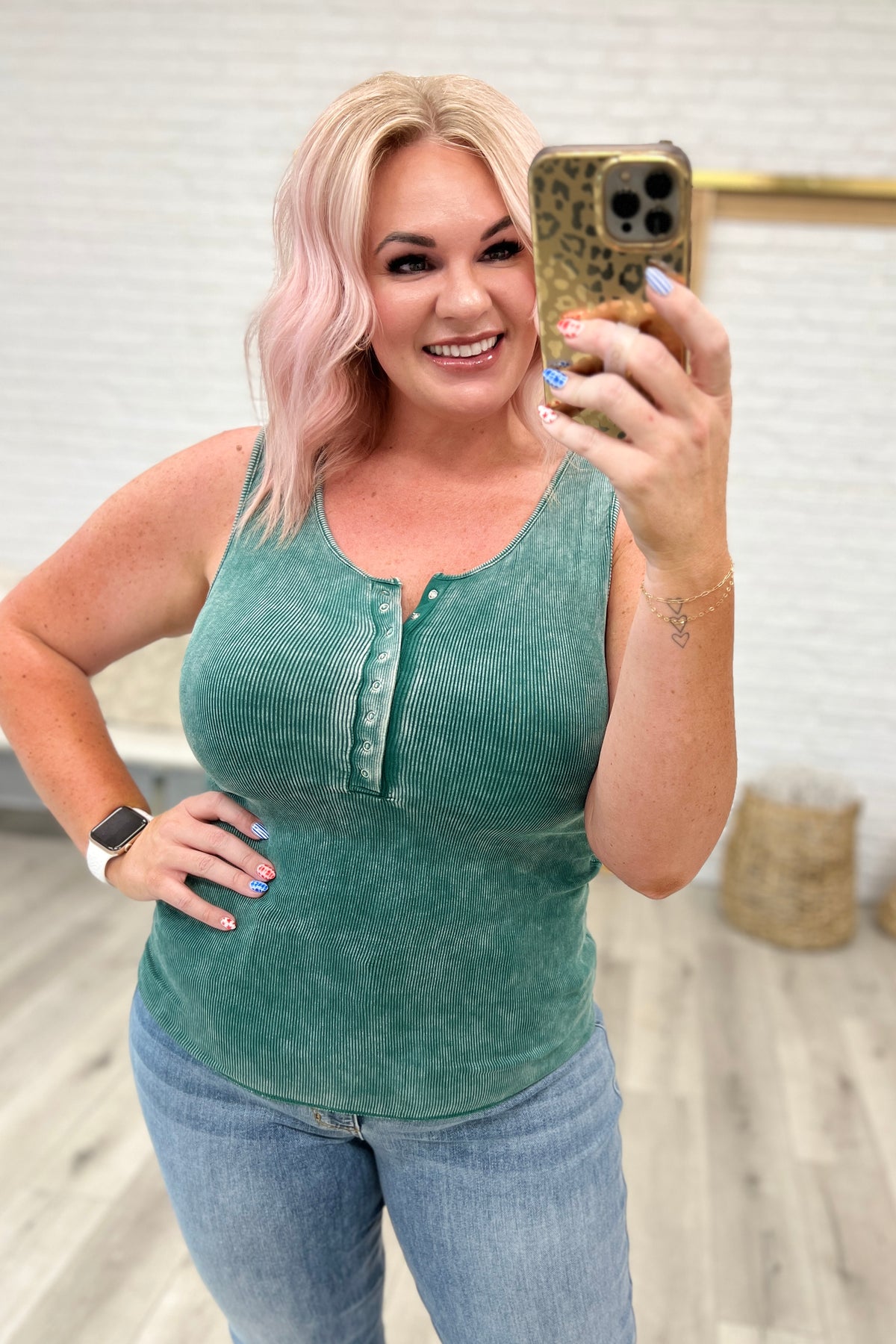 Mineral Washed Ribbed Henley Tank in Dark Green - 8/9/2023