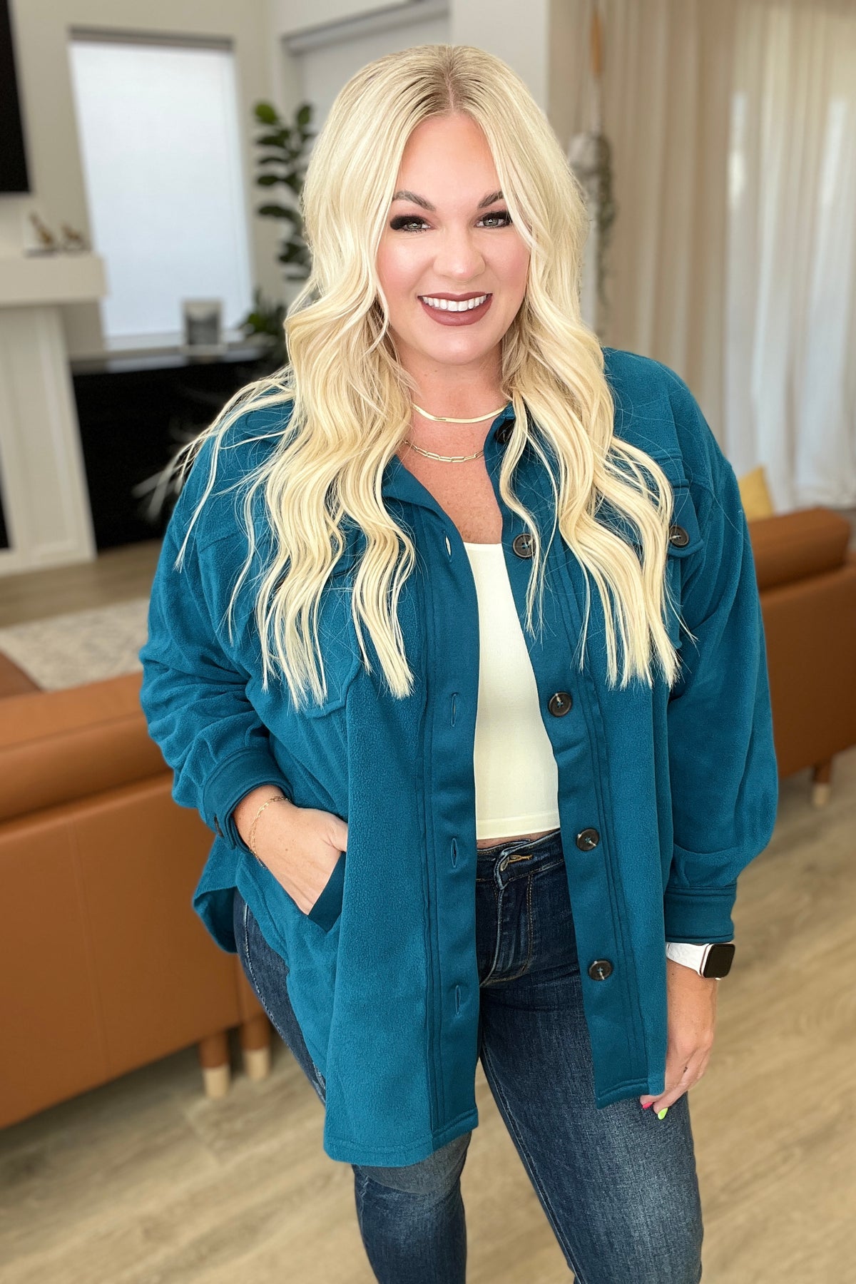 Oversized Basic Fleece Shacket in Teal - 9/6/2023
