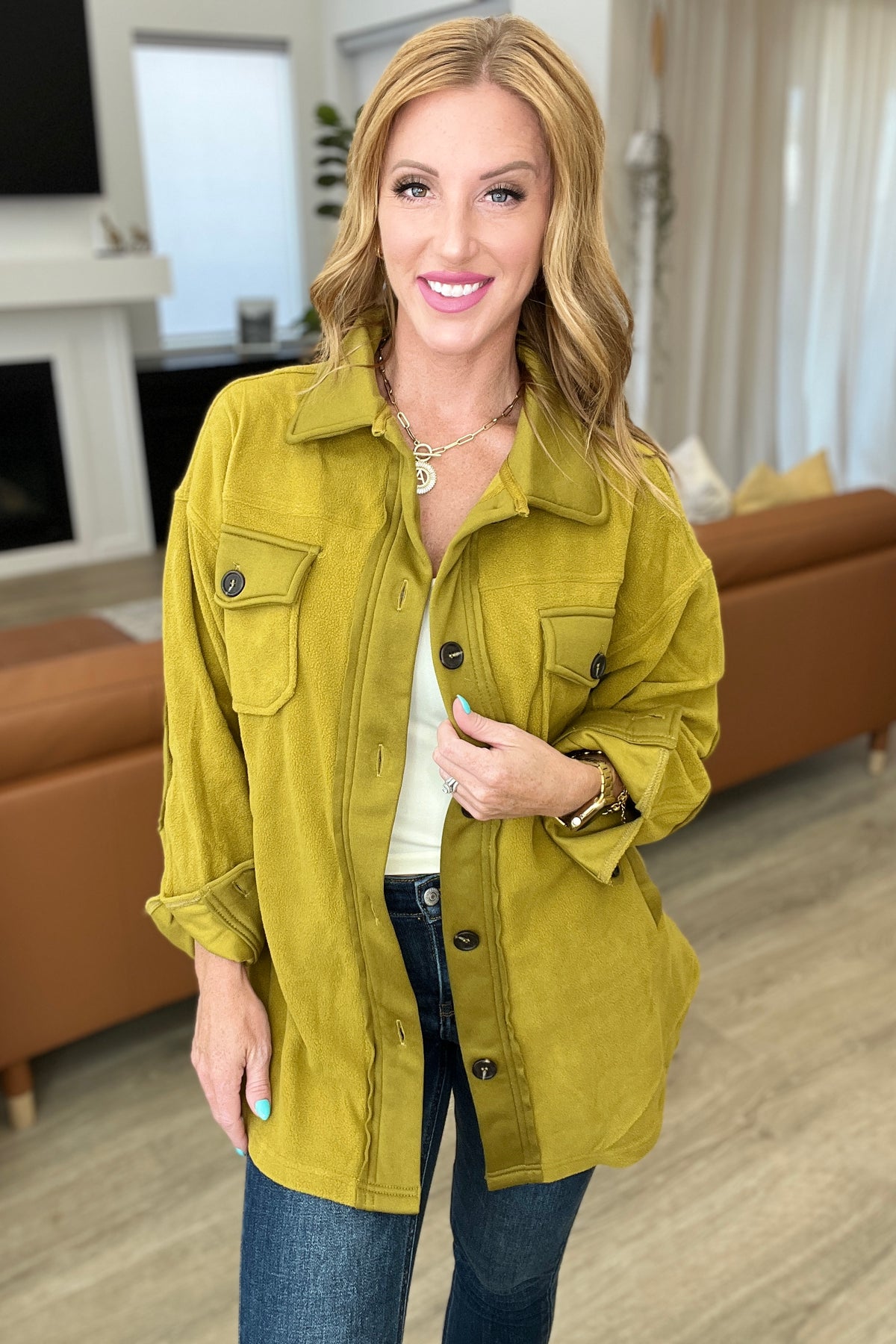 Oversized Basic Fleece Shacket in Olive Mustard - 9/6/2023