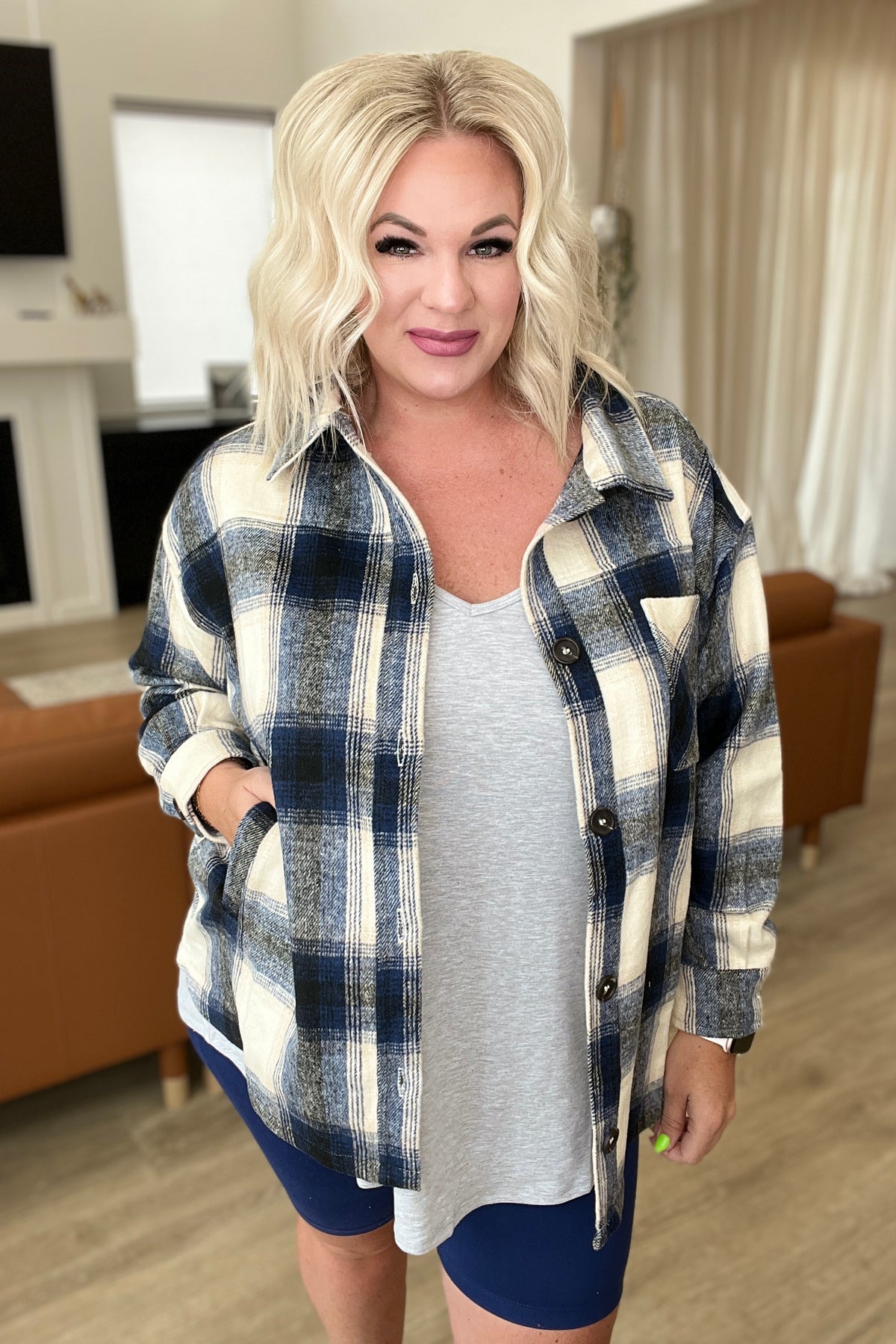 Oversized Longline Plaid Shacket in Navy - 8/30/2023