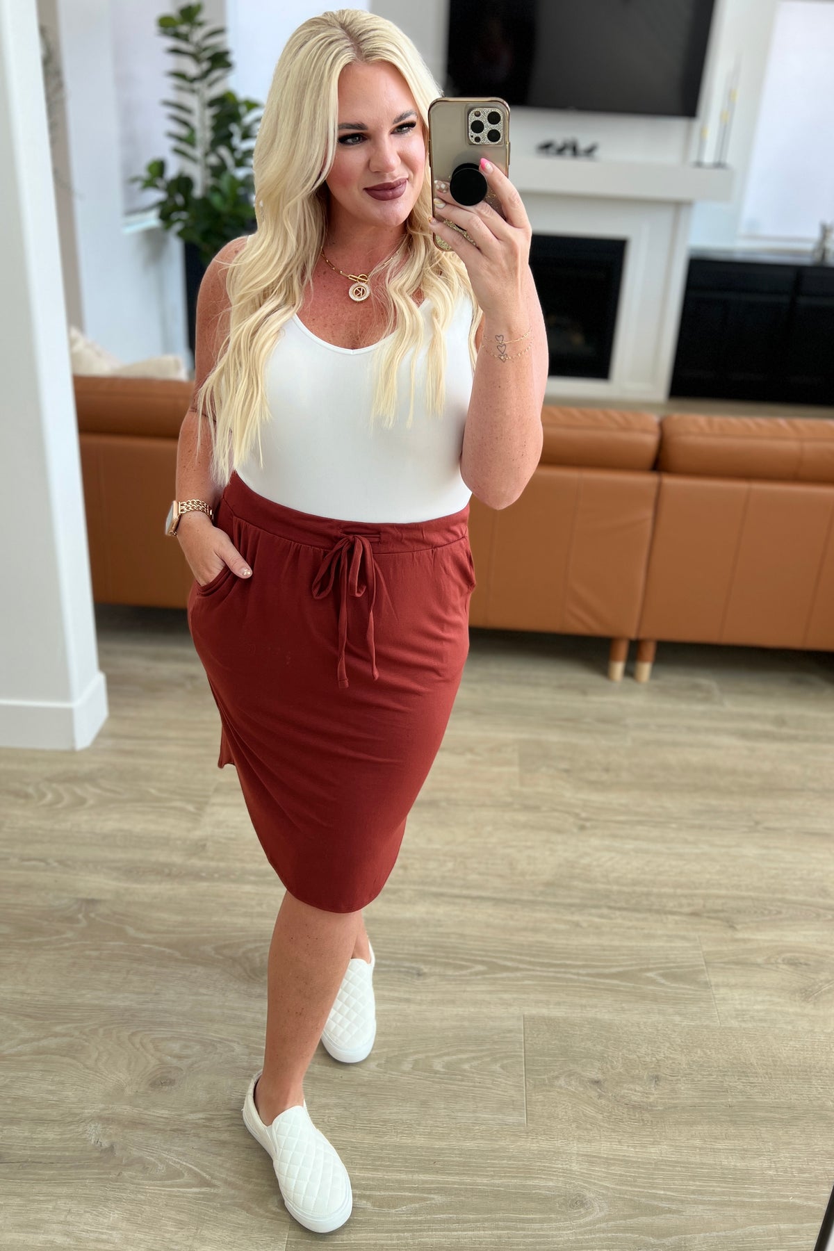 Self-Tie Tulip Hem Skirt in Dark Rust - 9/27/2023