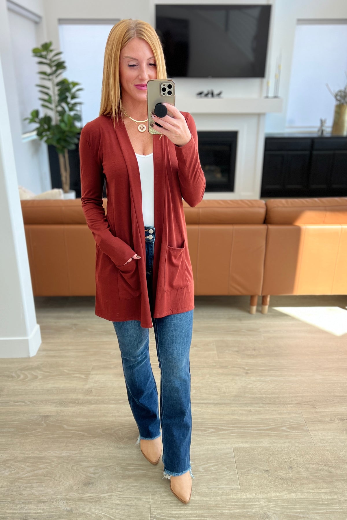 Slouchy Pocket Open Cardigan in Dark Rust - 9/27/2023