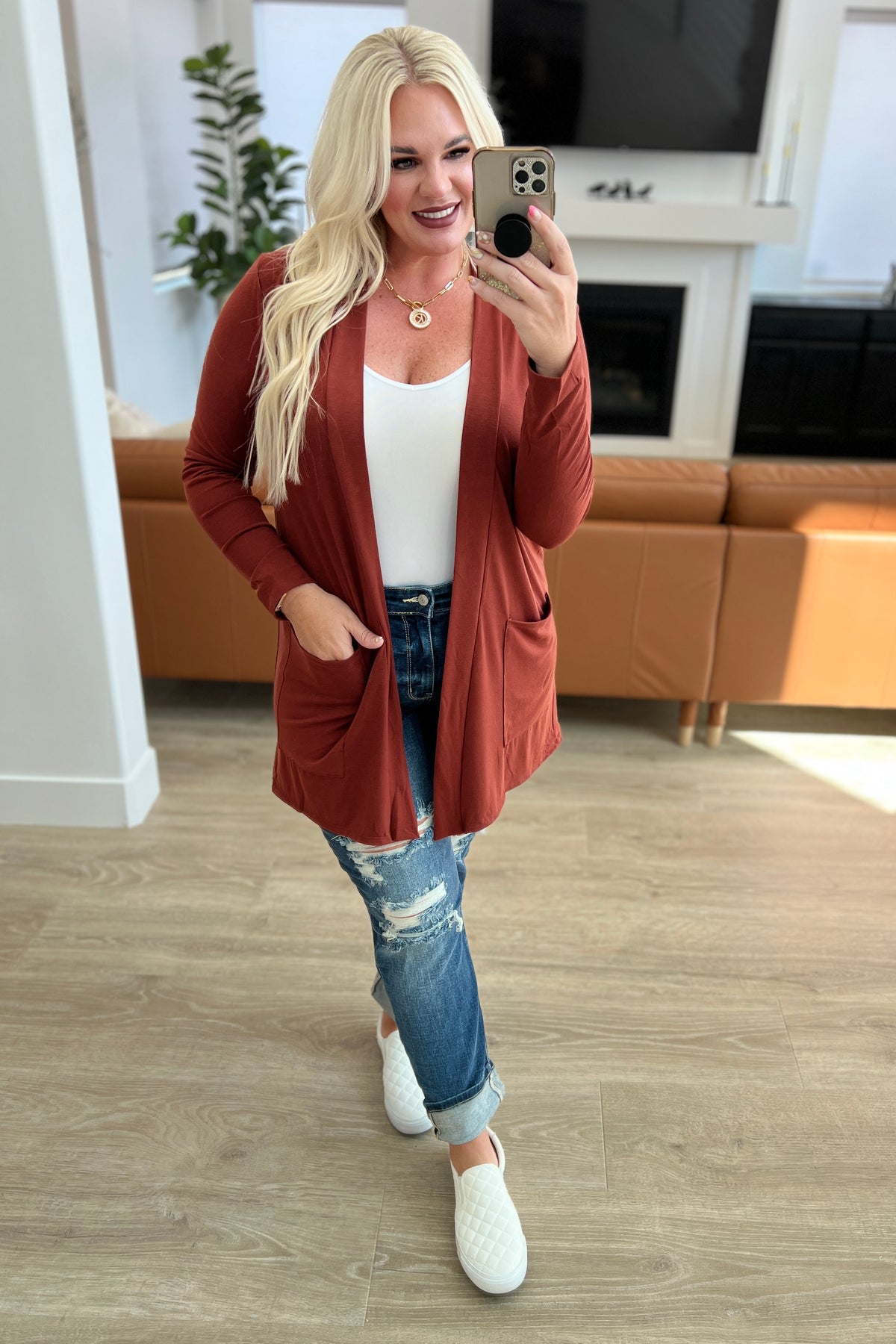 Slouchy Pocket Open Cardigan in Dark Rust - 9/27/2023