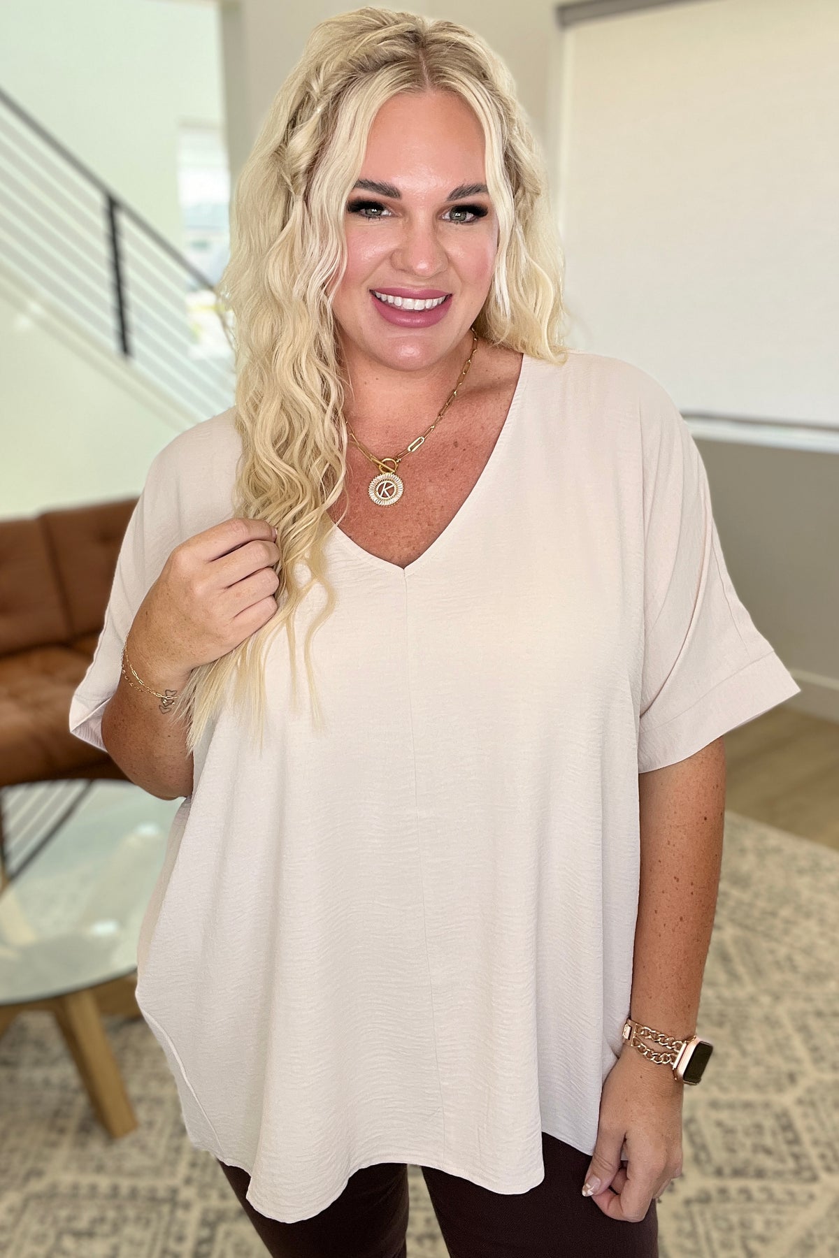 Crinkle Woven V-Neck Dolman Sleeve Top in Sand Beige - 10/11/2023