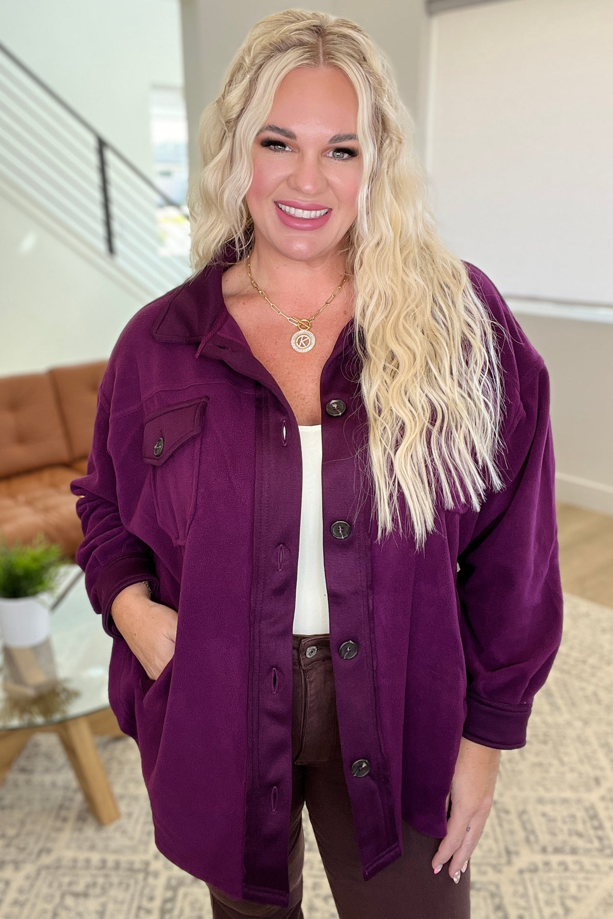 Oversized Basic Fleece Shacket in Plum - 10/11/2023