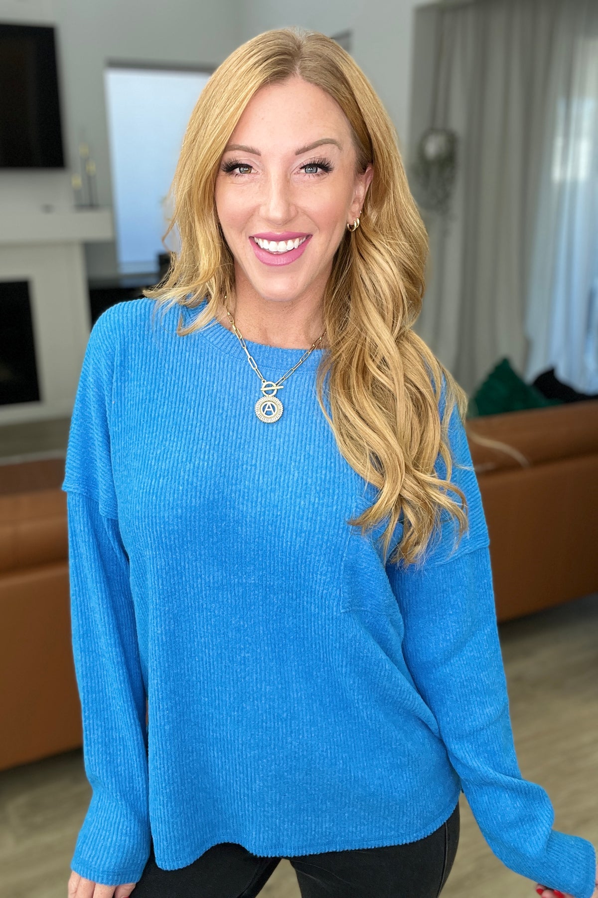 Ribbed Brushed Hacci Sweater in Ocean Blue - 11/1/2023