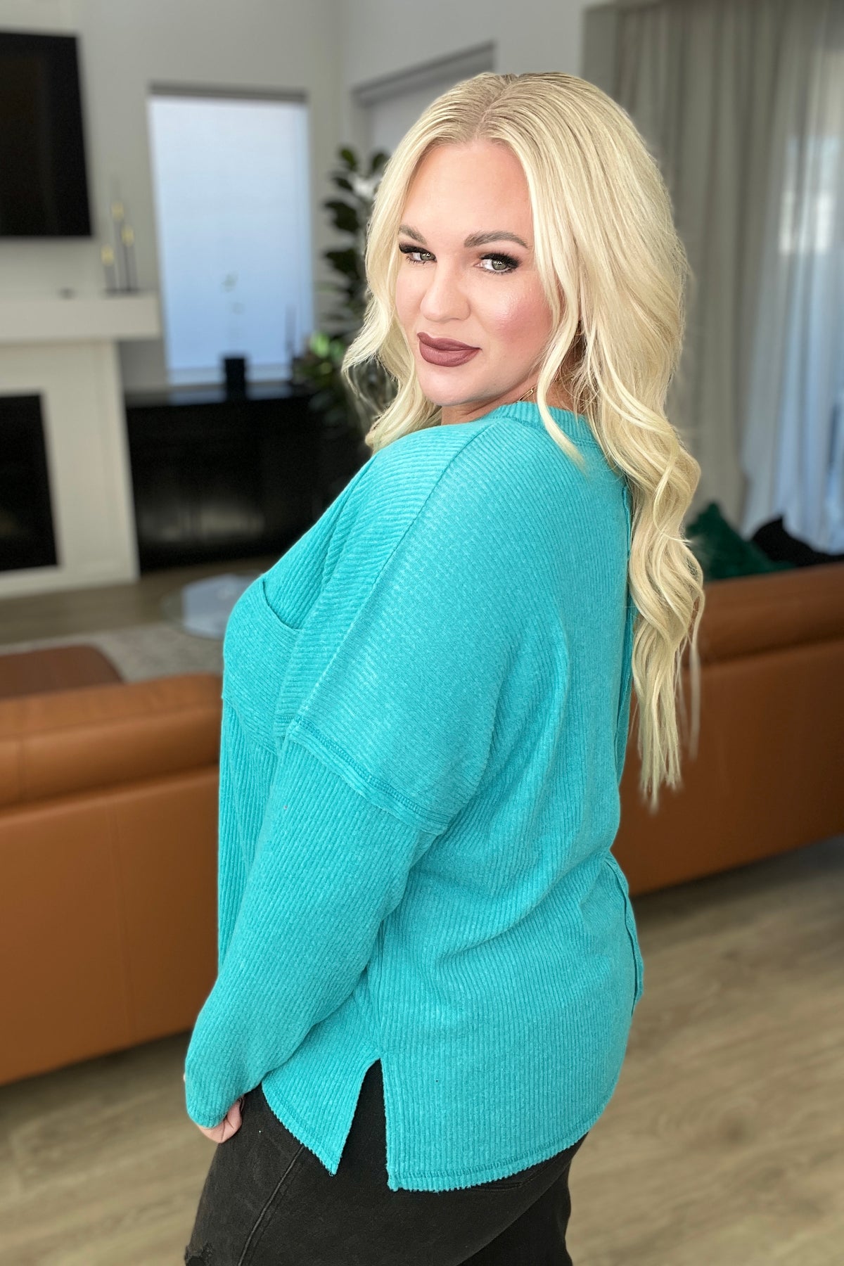 Ribbed Brushed Hacci Sweater in Light Teal - 11/1/2023