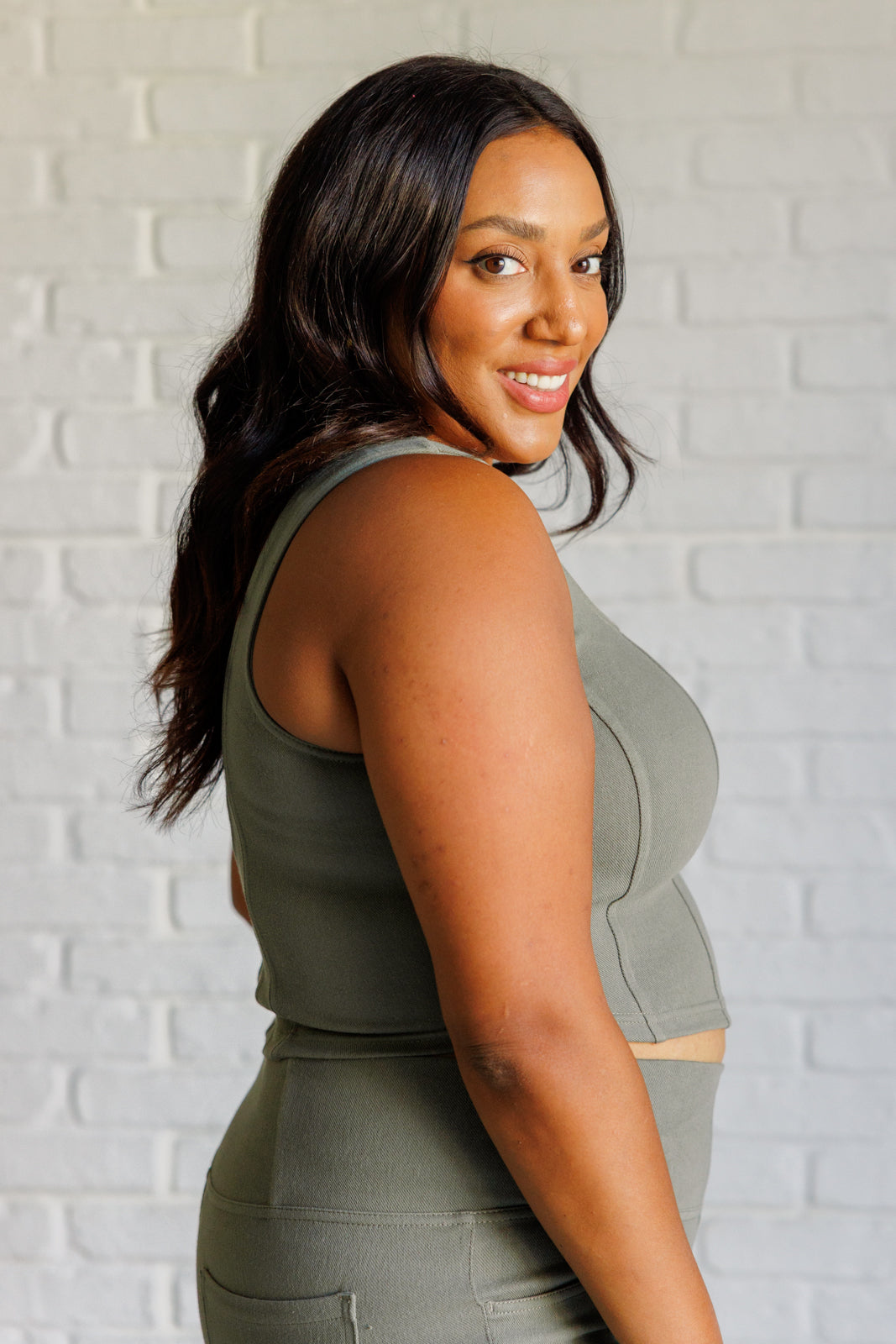 It's All About the Balance Twill Square Neck Crop Top in Dusty Olive - 9/19/2024