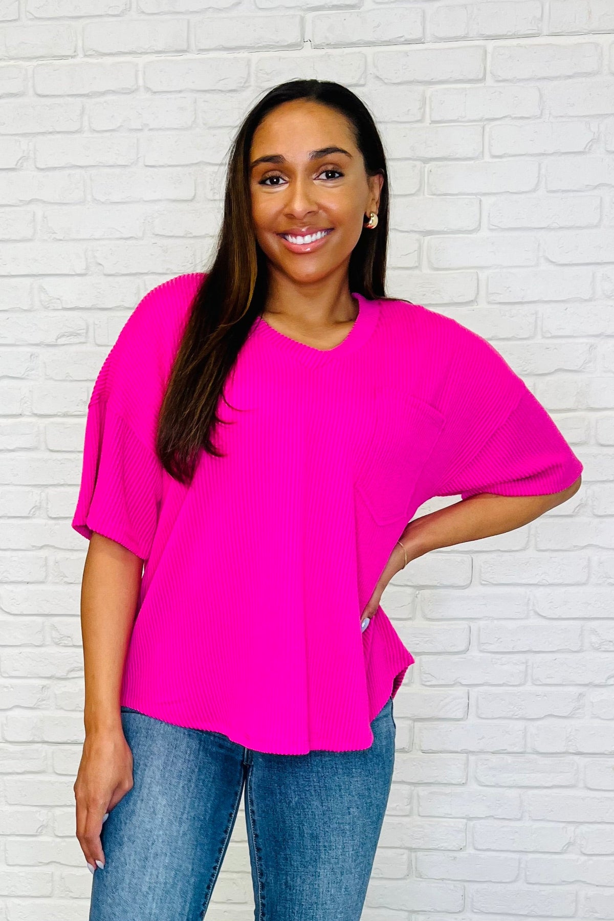 Just a Casual Girly V-Neck Basic Tee in Fuchsia - 3/7/2025