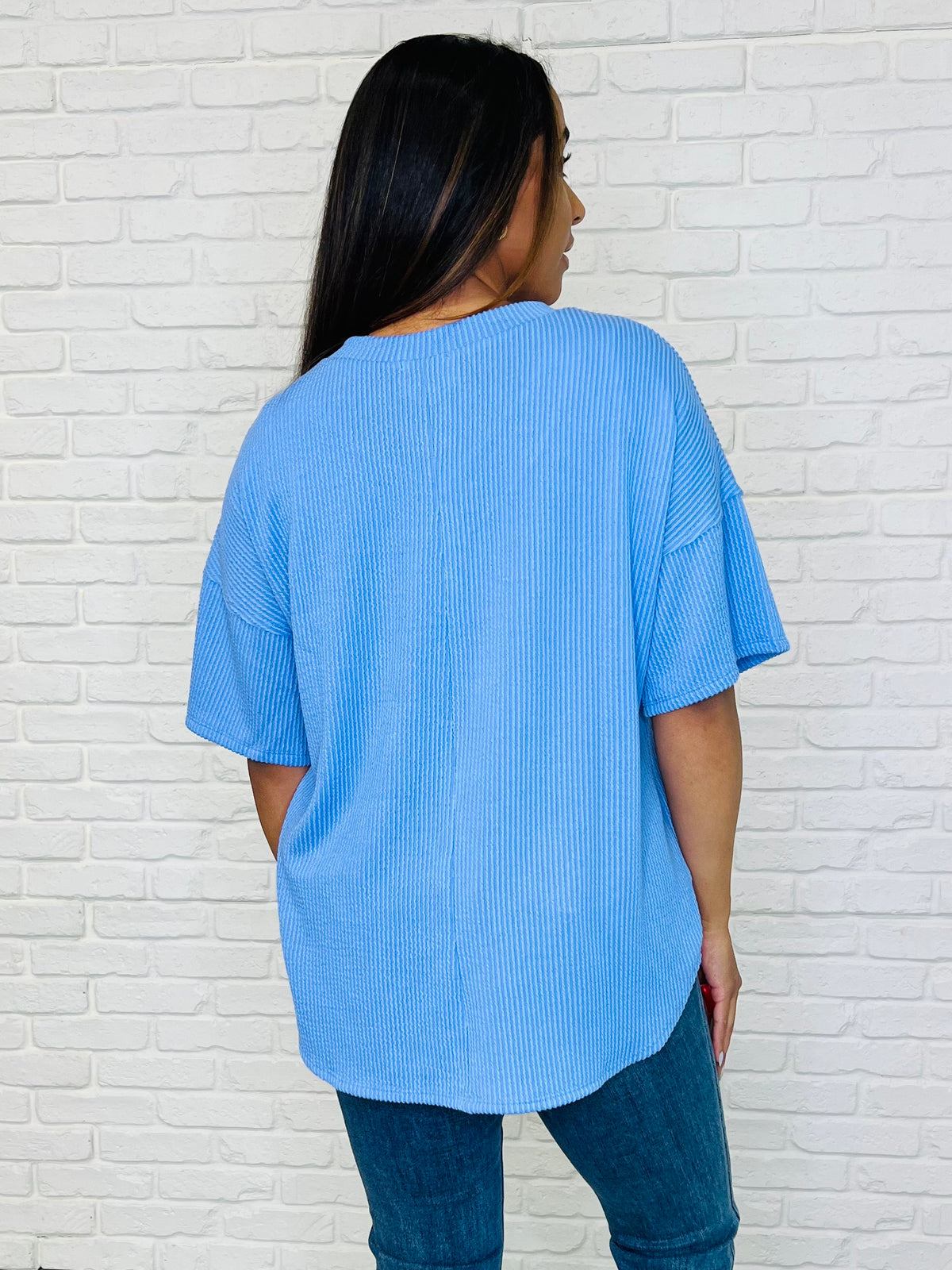Just a Casual Girly V-Neck Basic Tee in Periwinkle Blue - 3/7/2025