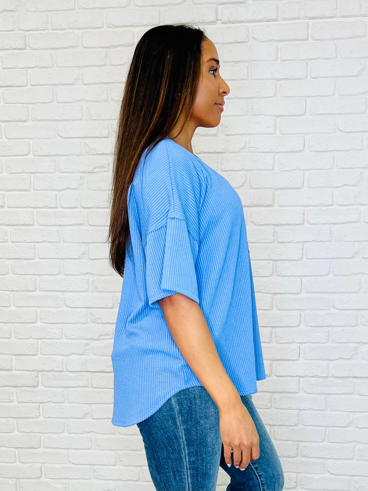 Just a Casual Girly V-Neck Basic Tee in Periwinkle Blue - 3/7/2025