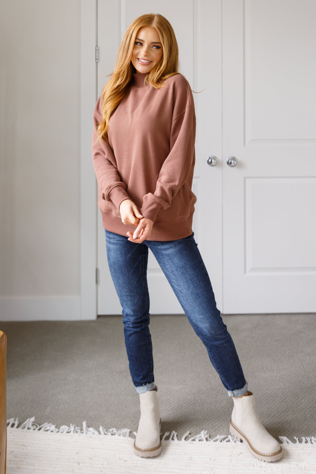 Make No Mistake Mock Neck Pullover in Cocoa - 9/25/2025