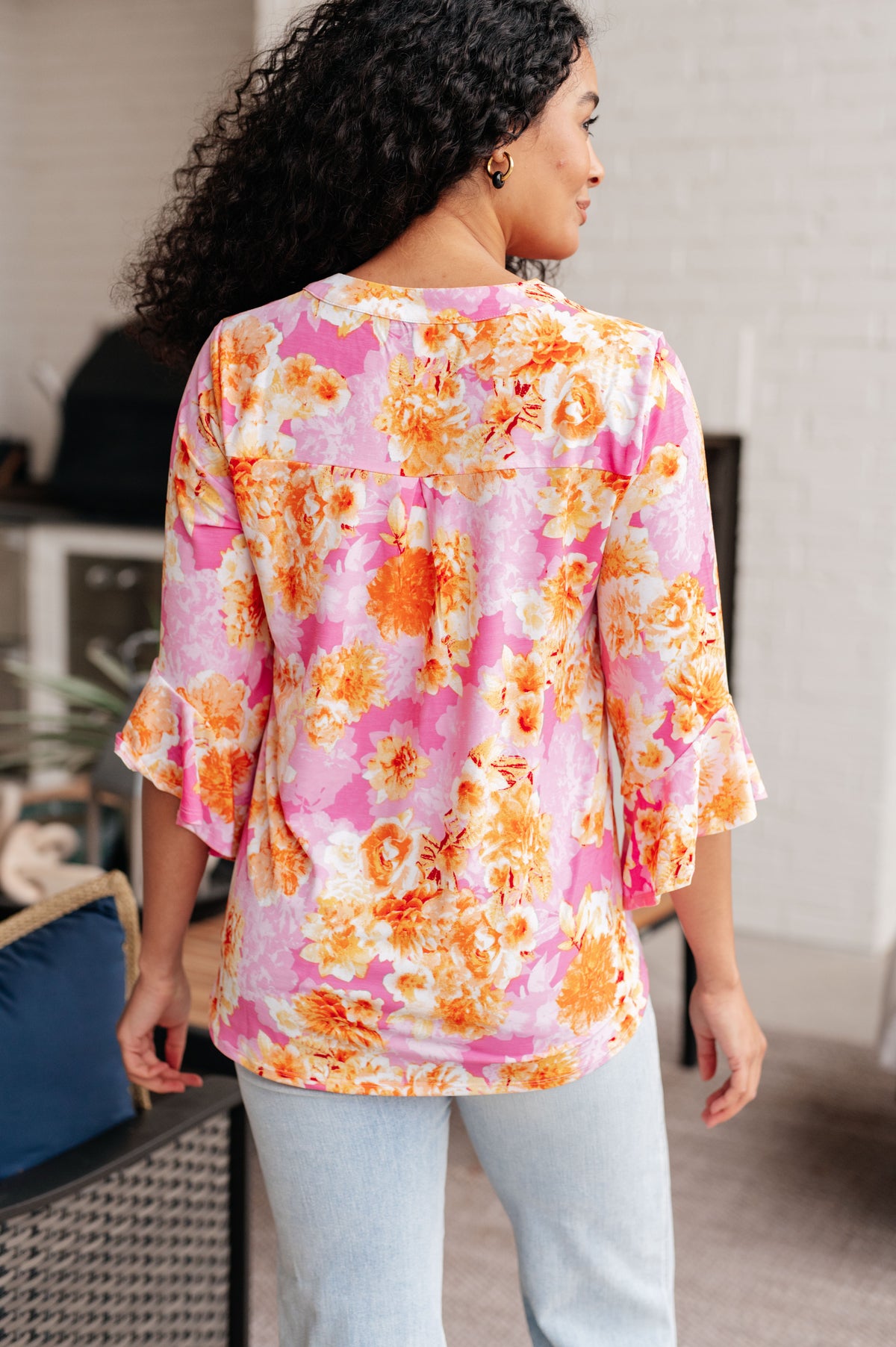 Lizzy Bell Sleeve Top in Pink and Gold Floral - 5/17/2024