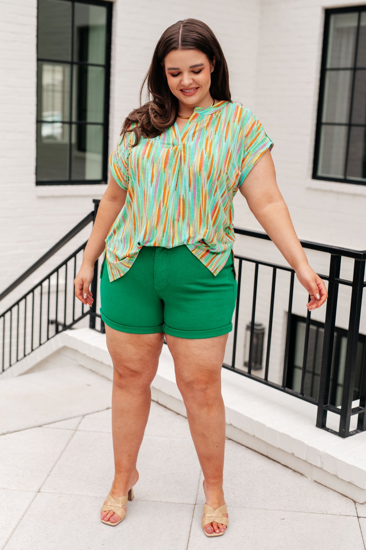 Lizzy Cap Sleeve Top in Lime and Emerald Multi Stripe - 5/17/2024