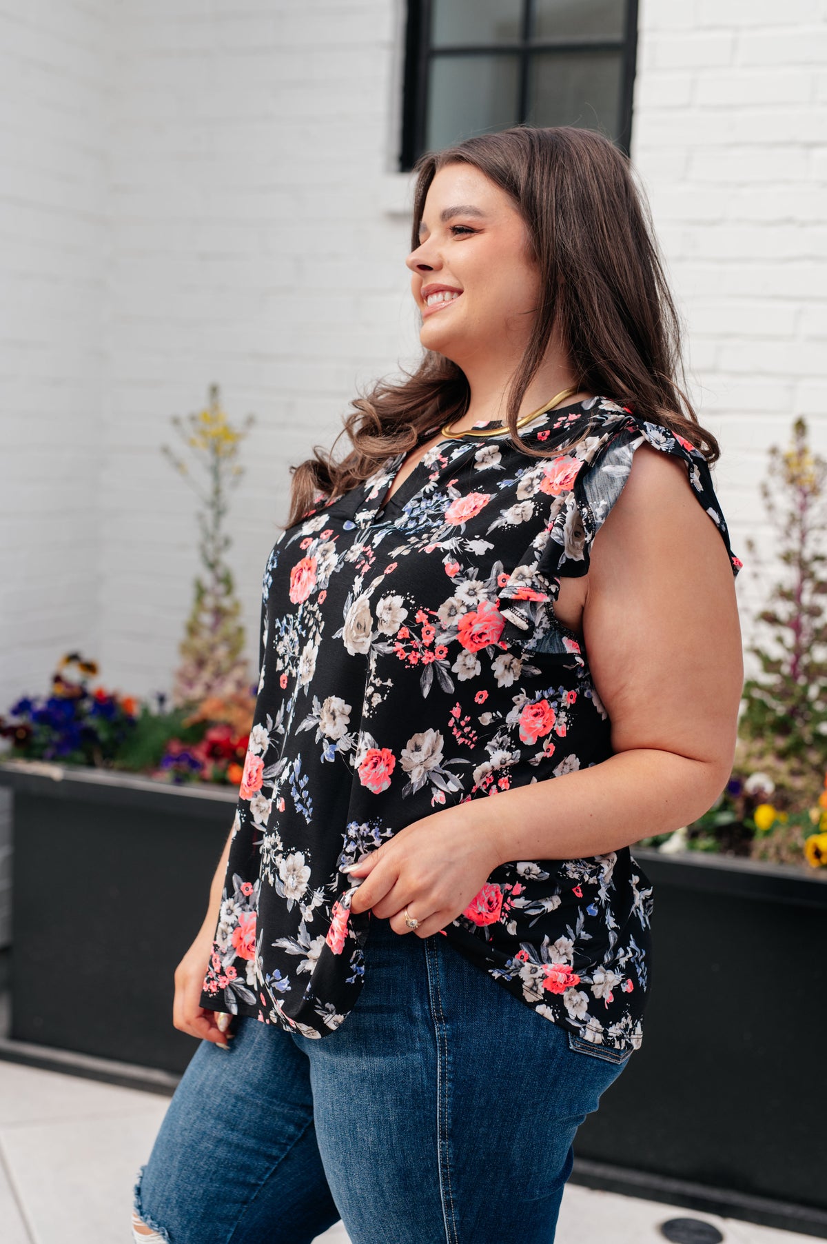 Lizzy Flutter Sleeve Top in Black and Muted Pink Floral - 5/10/2024