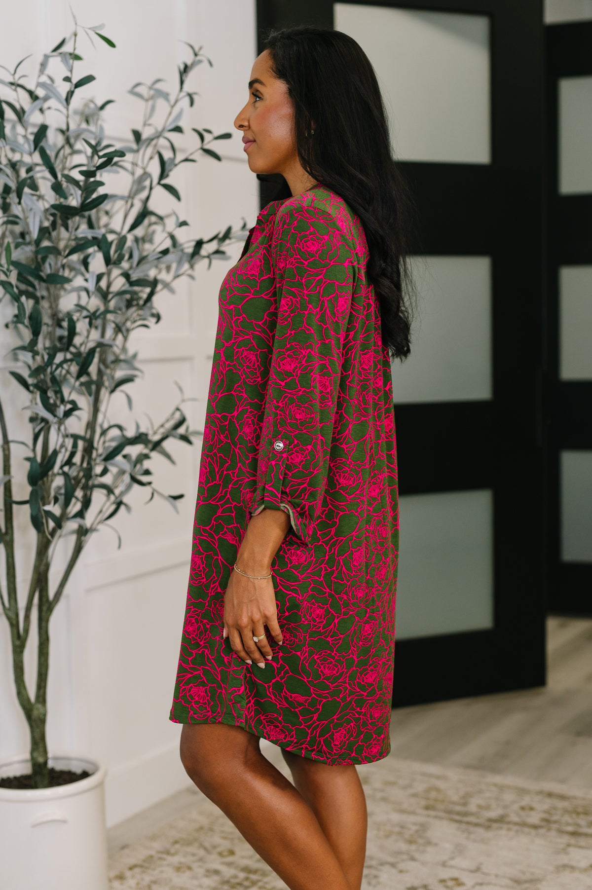 Lizzy Long Sleeve Dress in Pink and Olive Abstract Floral - 10/14/2025