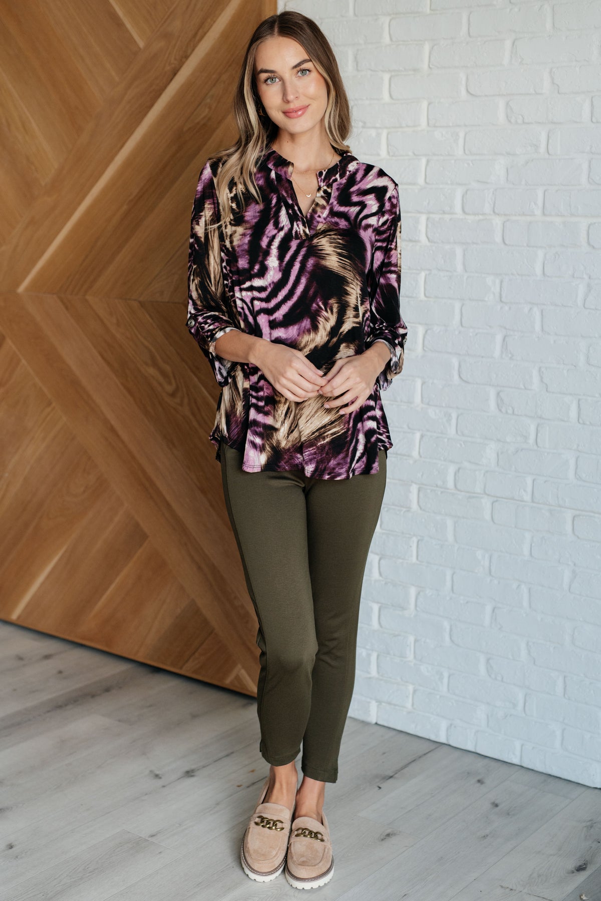 Lizzy Top in Purple and Taupe Animal Print - 10/3/2024