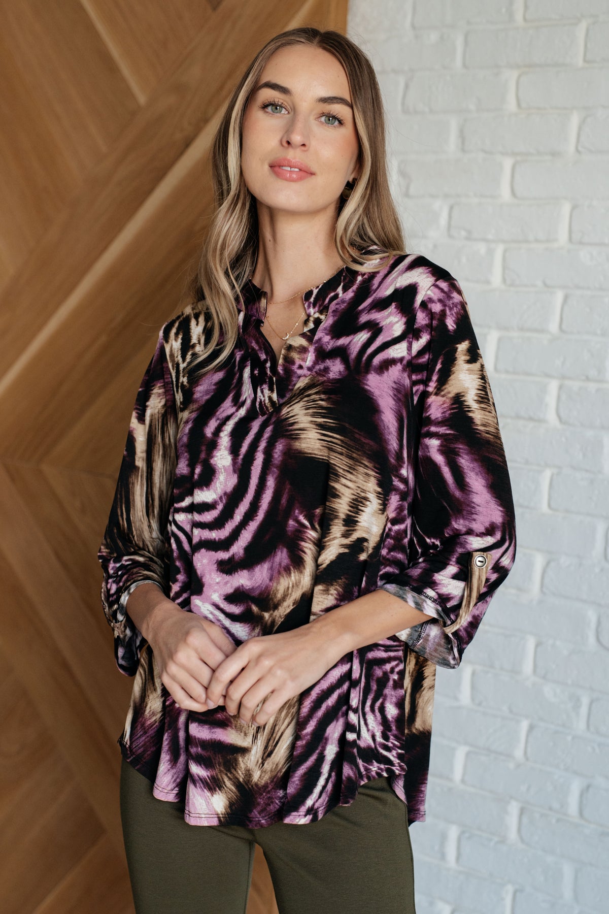 Lizzy Top in Purple and Taupe Animal Print - 10/3/2024