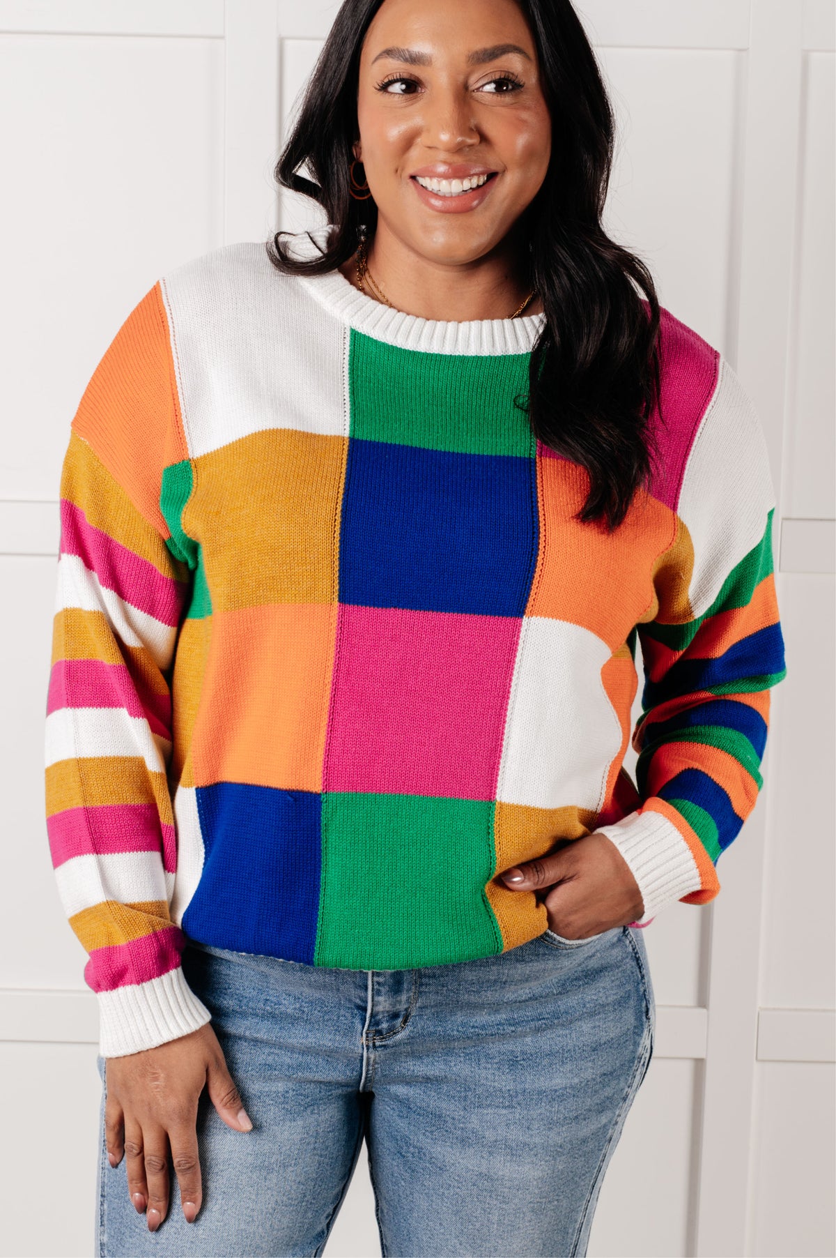 Manifesting Moment Checkered Color Block Sweater - 9/23/2025 NEW