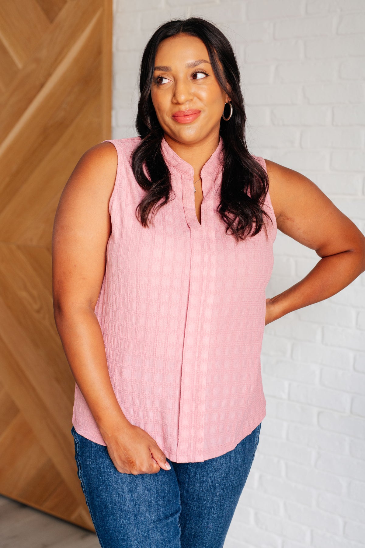 Matter of Fact Pleat Front Sleeveless Blouse in Pink - 4/21/2025