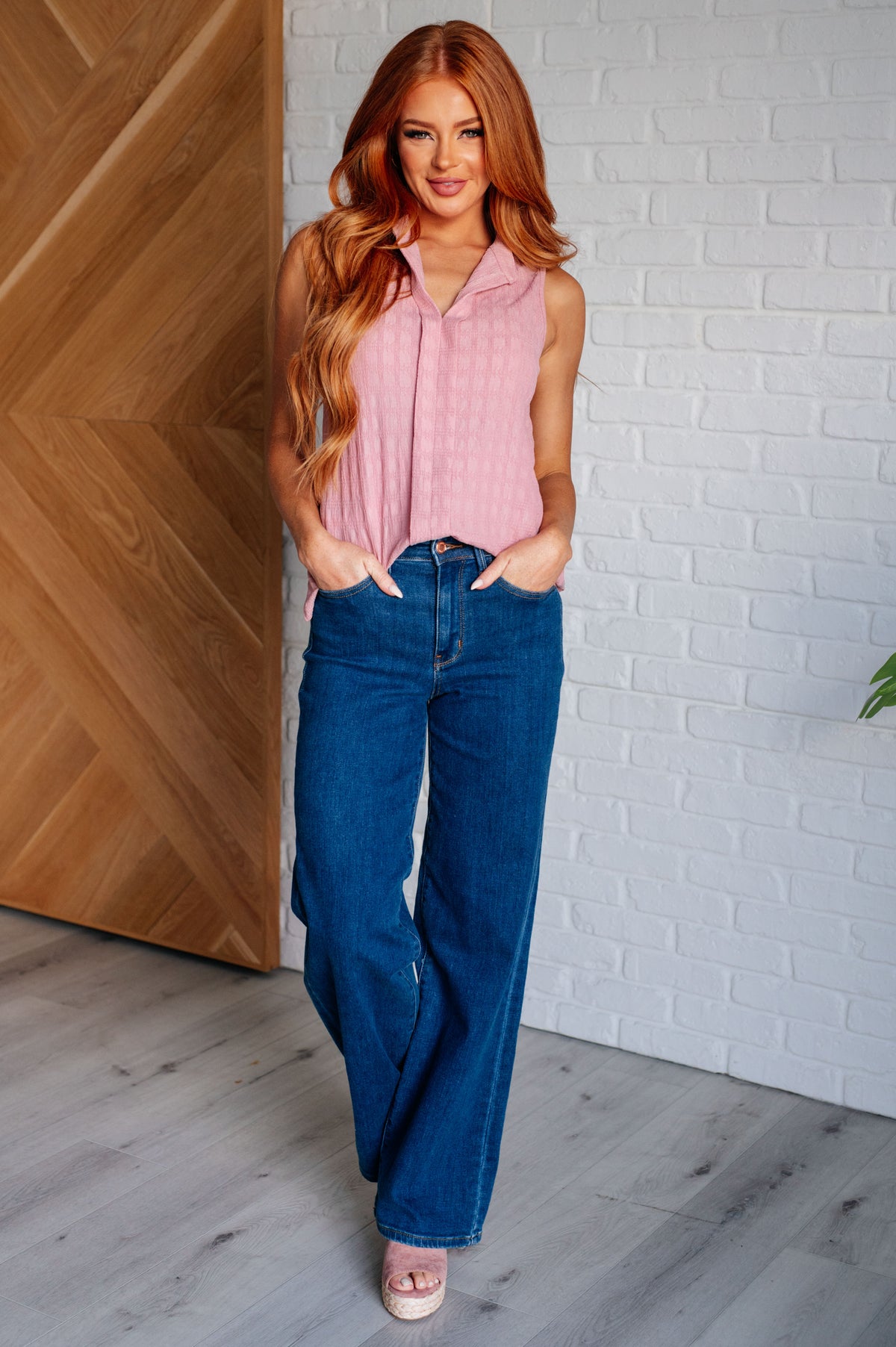 Matter of Fact Pleat Front Sleeveless Blouse in Pink - 4/21/2025