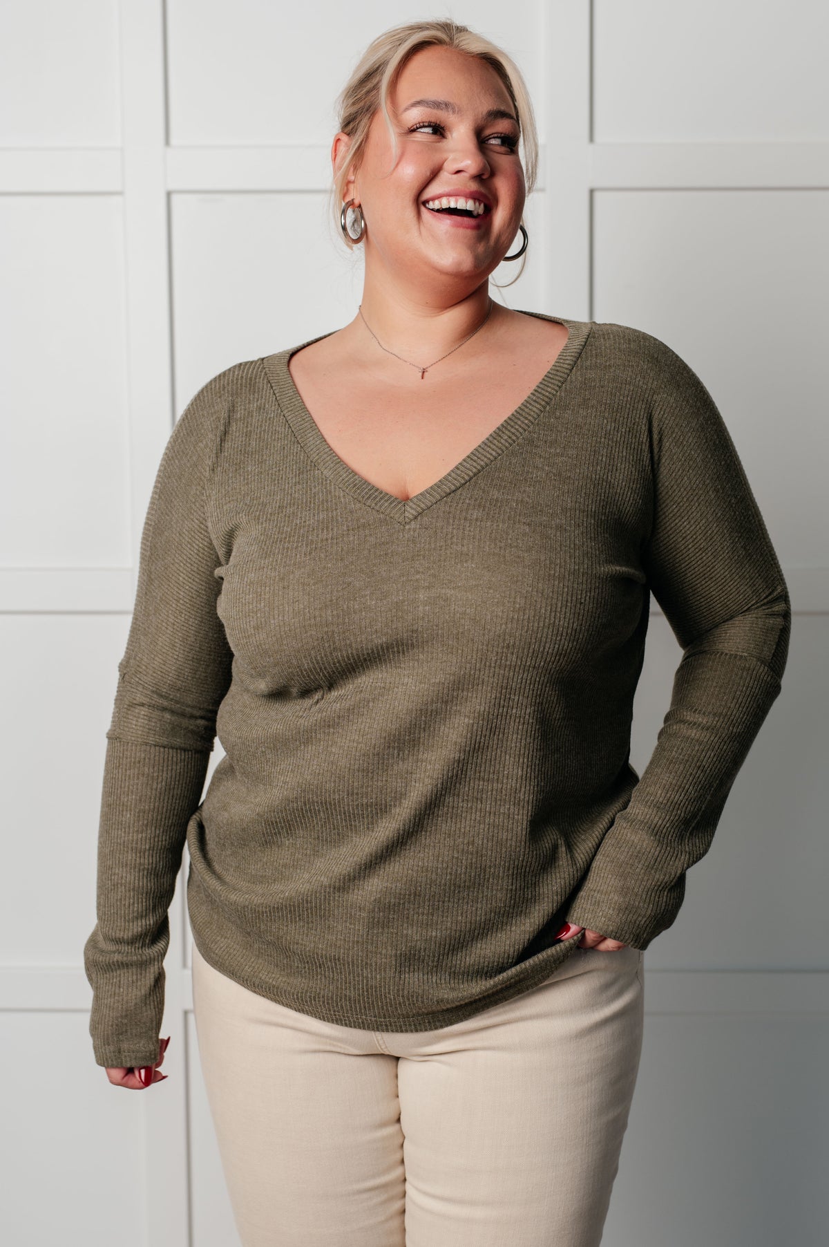 On a Roll Ribbed Knit V Neck Long Sleeve Top - 9/16/2025 NEW