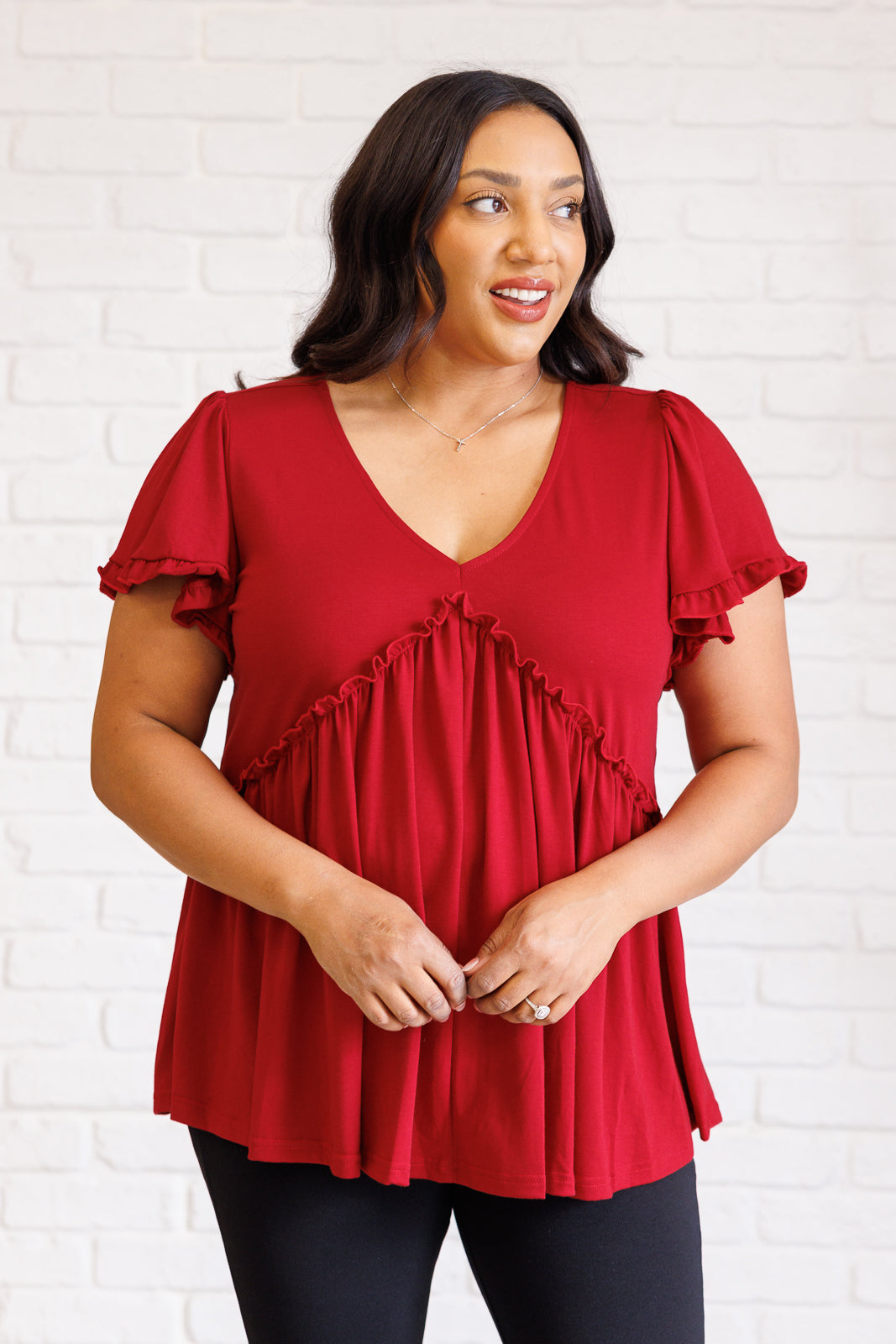 One Day Soon V-Neck Ruffle Detail Top - 8/25/2025