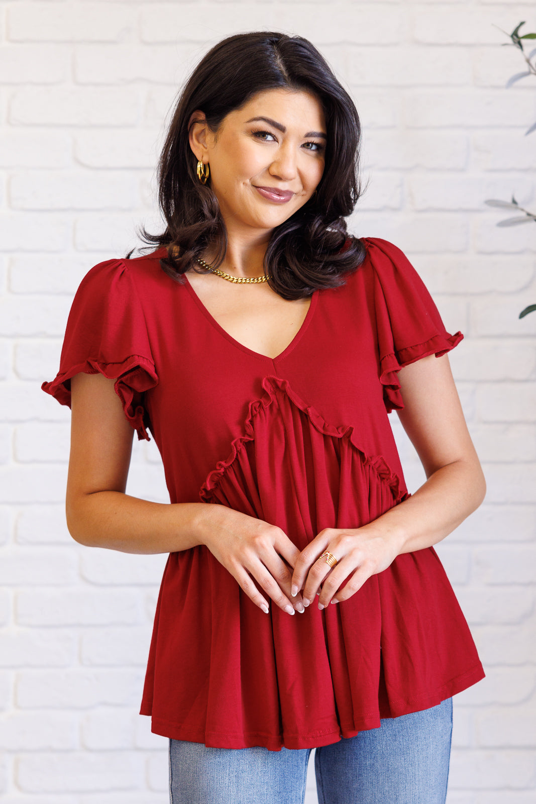 One Day Soon V-Neck Ruffle Detail Top - 8/25/2025