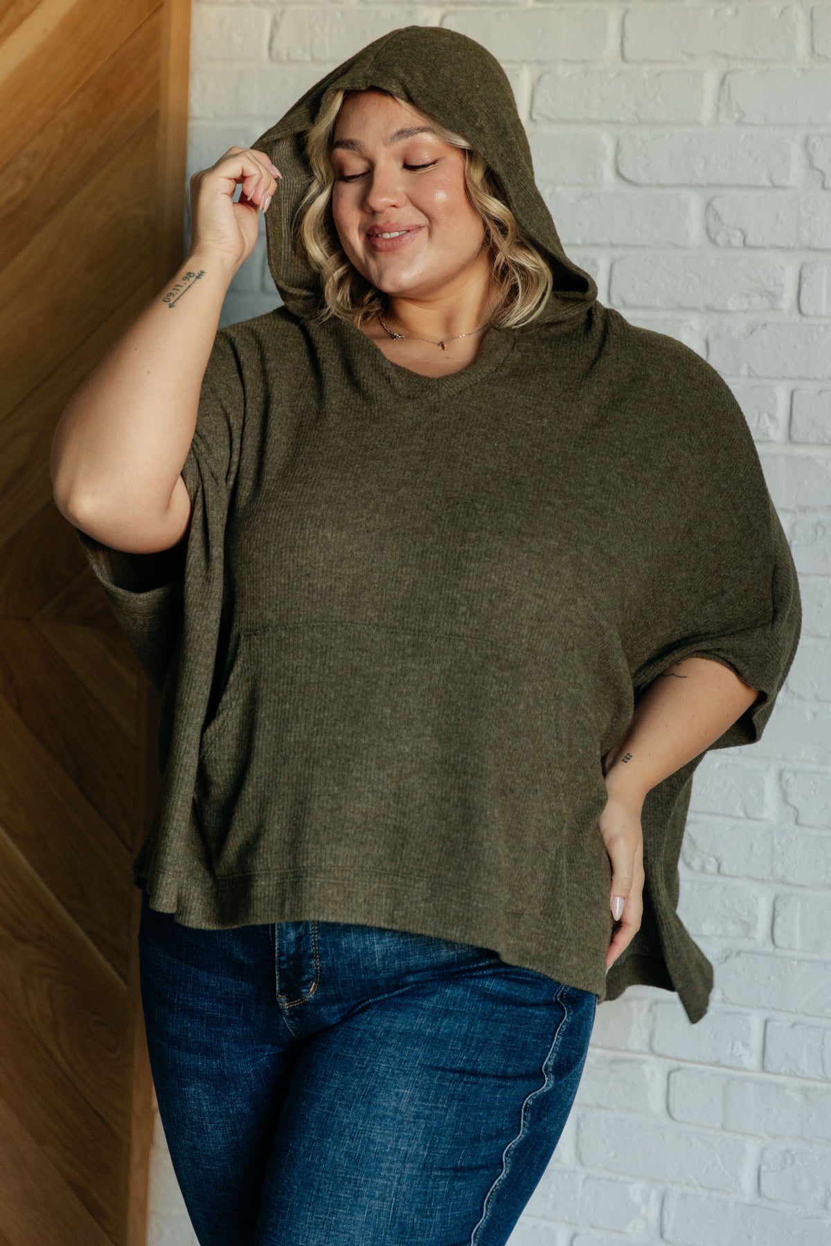Perfectly Poised Hooded Poncho in Olive - 10/9/2025