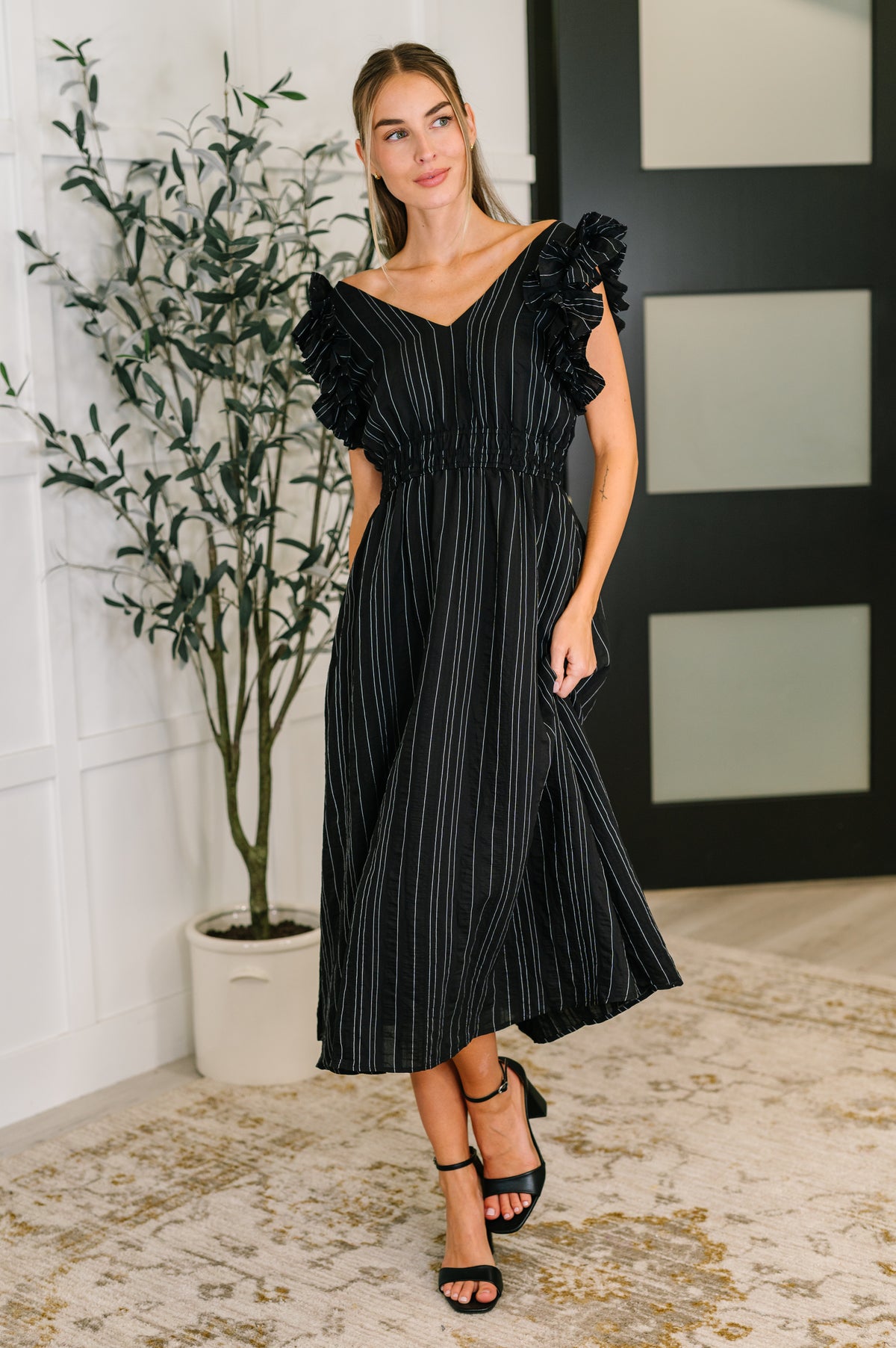 Pinstripe Romance V-Neck Ruffle Sleeve Dress in Black - 7/29/2025 NEW
