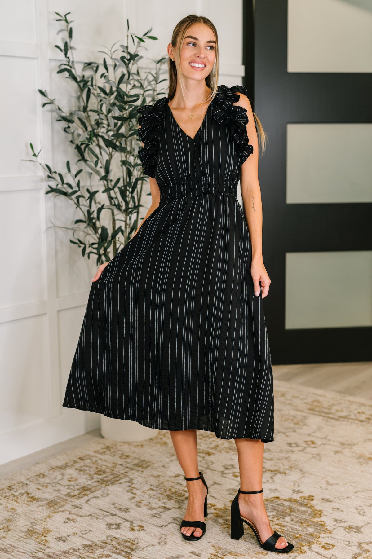 Pinstripe Romance V-Neck Ruffle Sleeve Dress in Black - 7/29/2025 NEW