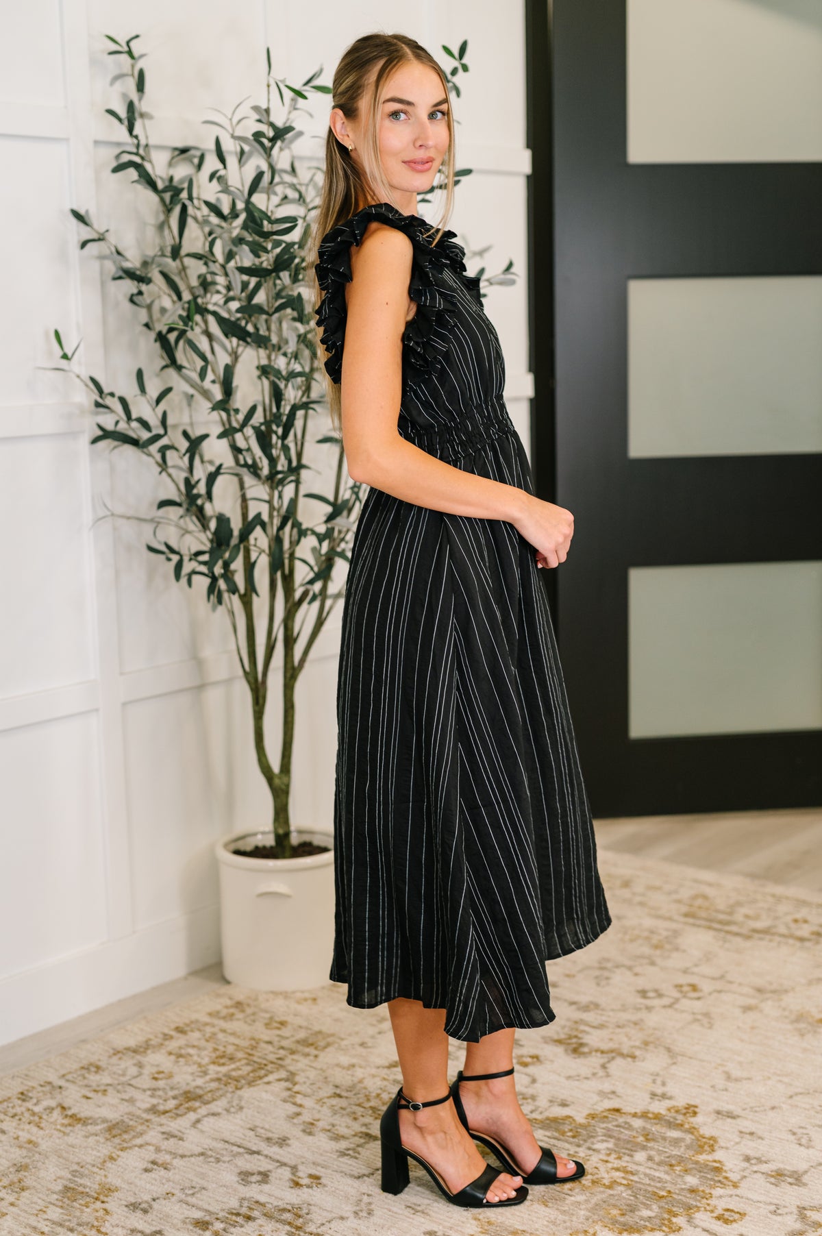 Pinstripe Romance V-Neck Ruffle Sleeve Dress in Black - 7/29/2025 NEW