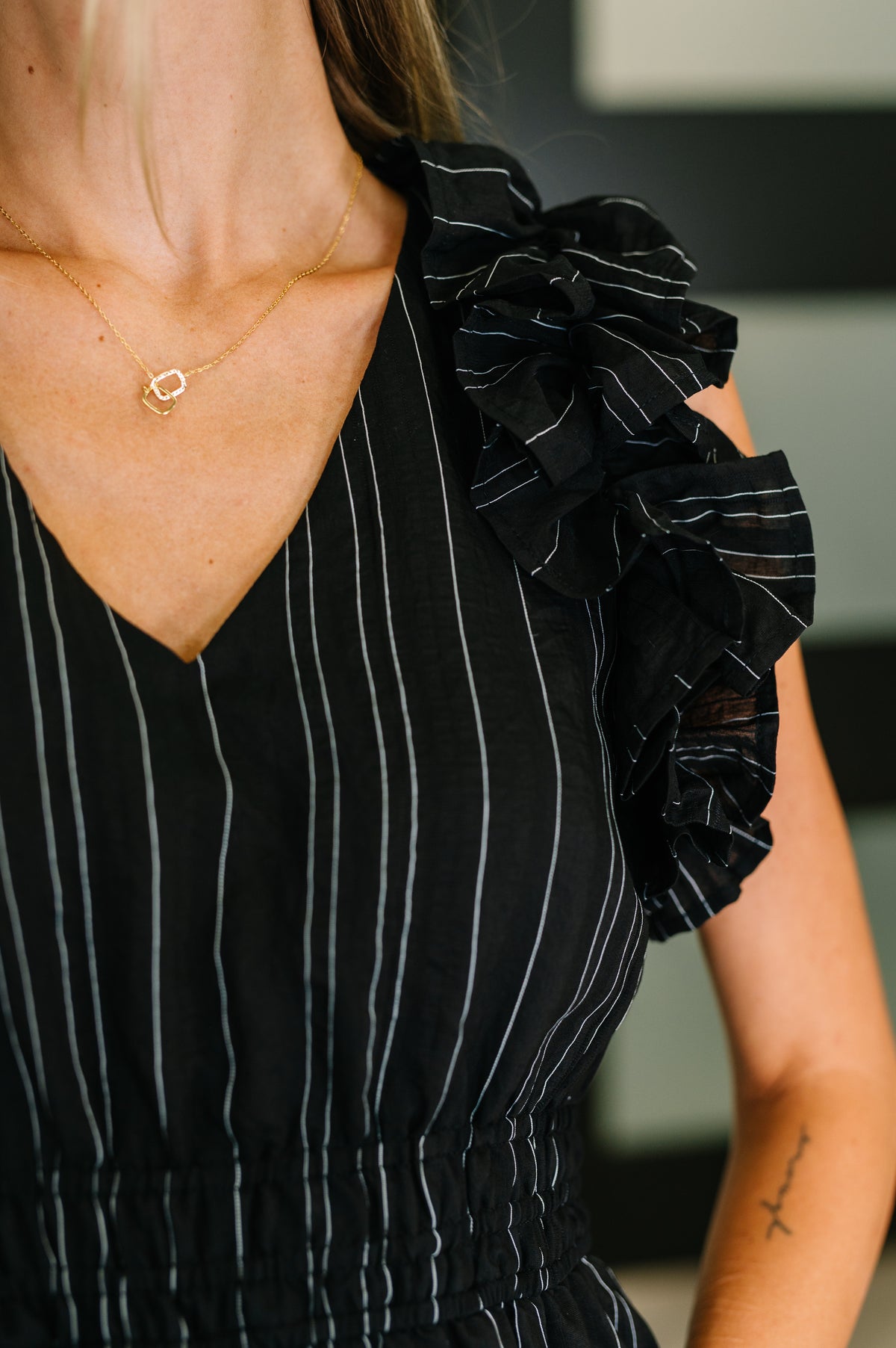 Pinstripe Romance V-Neck Ruffle Sleeve Dress in Black - 7/29/2025 NEW