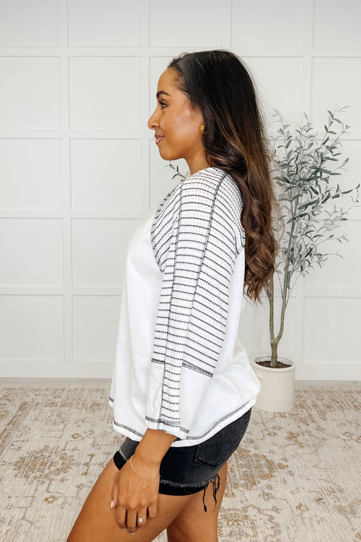 Preoccupied Striped Sleeve Top in Black - 4/25/2025