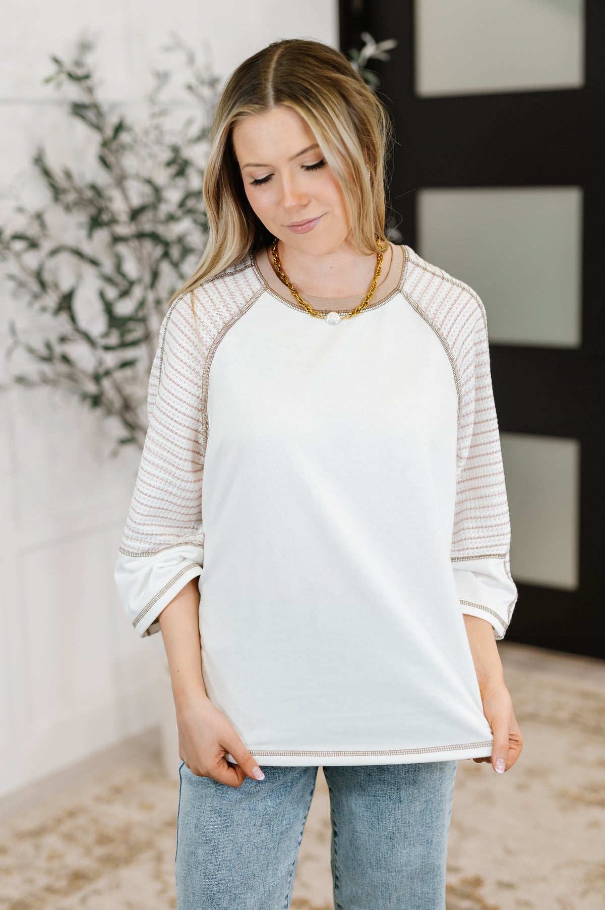 Preoccupied Striped Sleeve Top in Tan - 6/19/2025