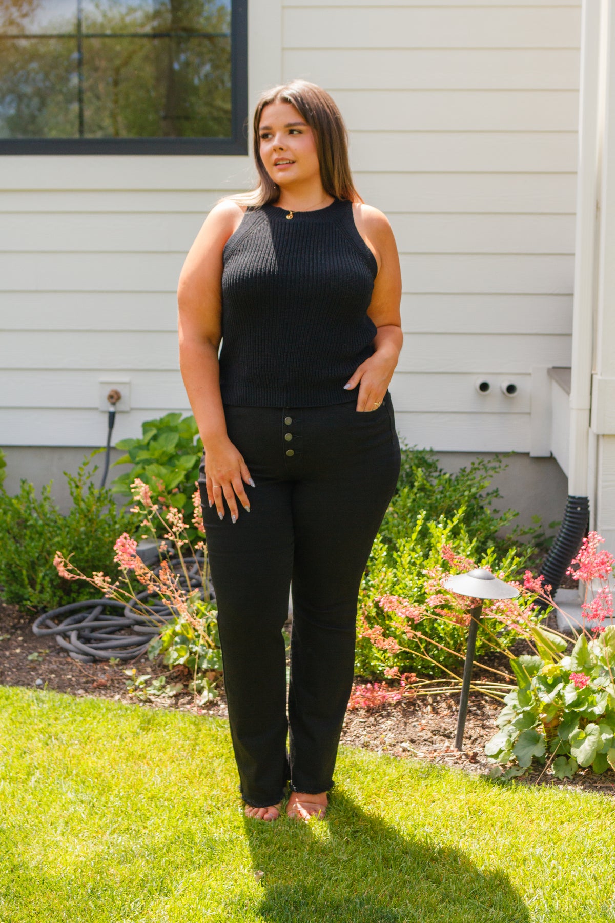 Previous Engagement Halter Neck Sweater Tank in Black - 8/15/2023