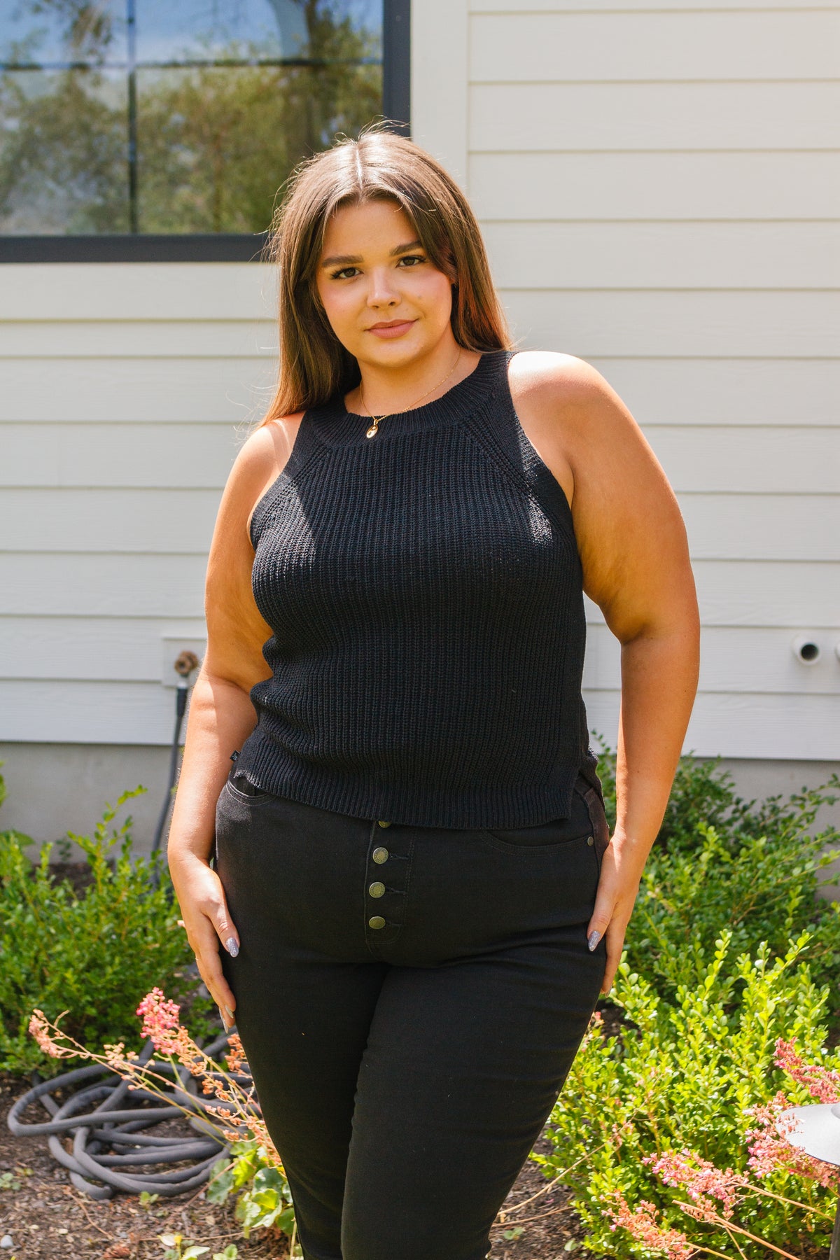 Previous Engagement Halter Neck Sweater Tank in Black - 8/15/2023
