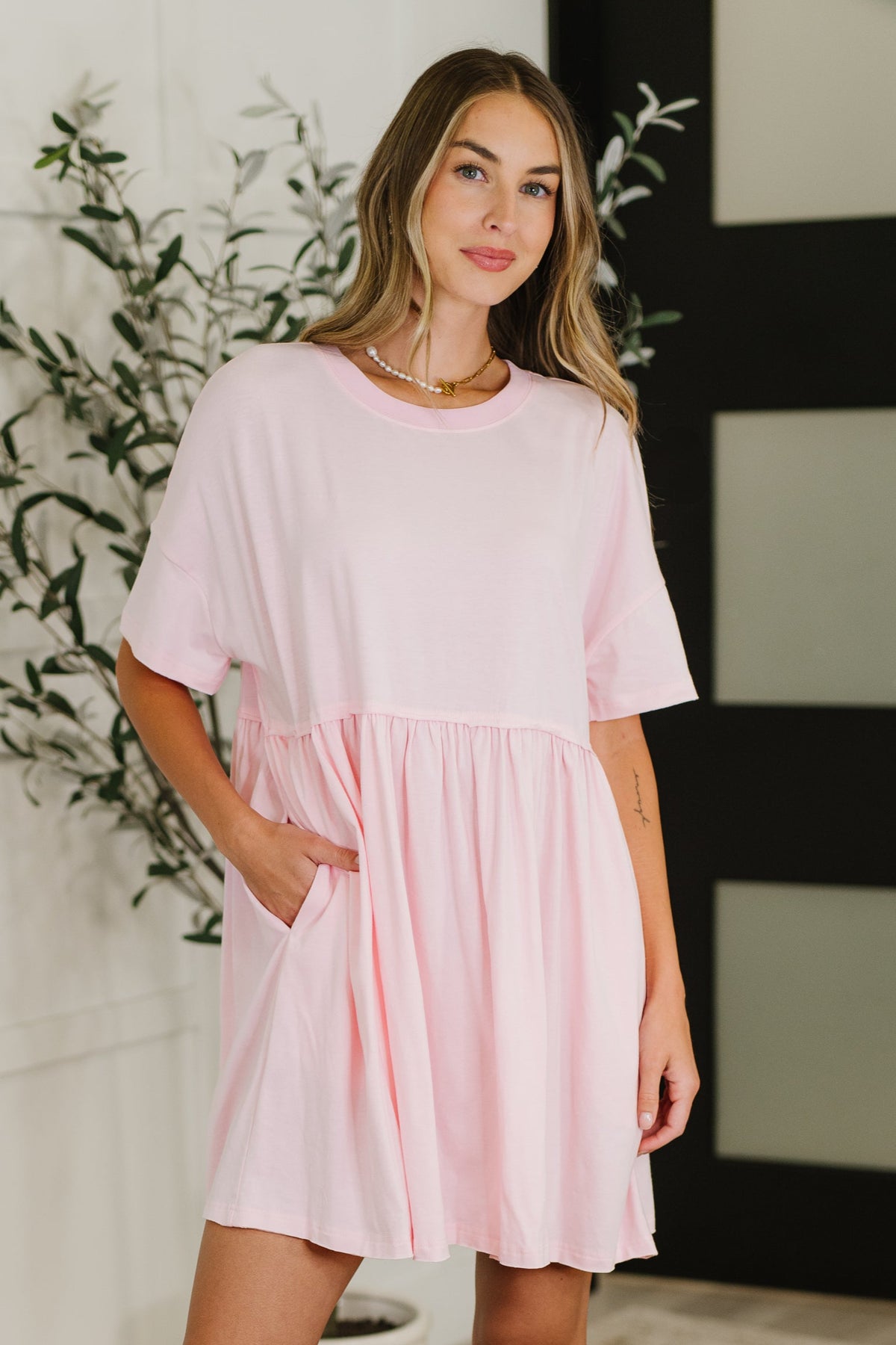 PREORDER: Relaxed Drop Shoulder Dress in Light Pink - Ships in 2-3 weeks