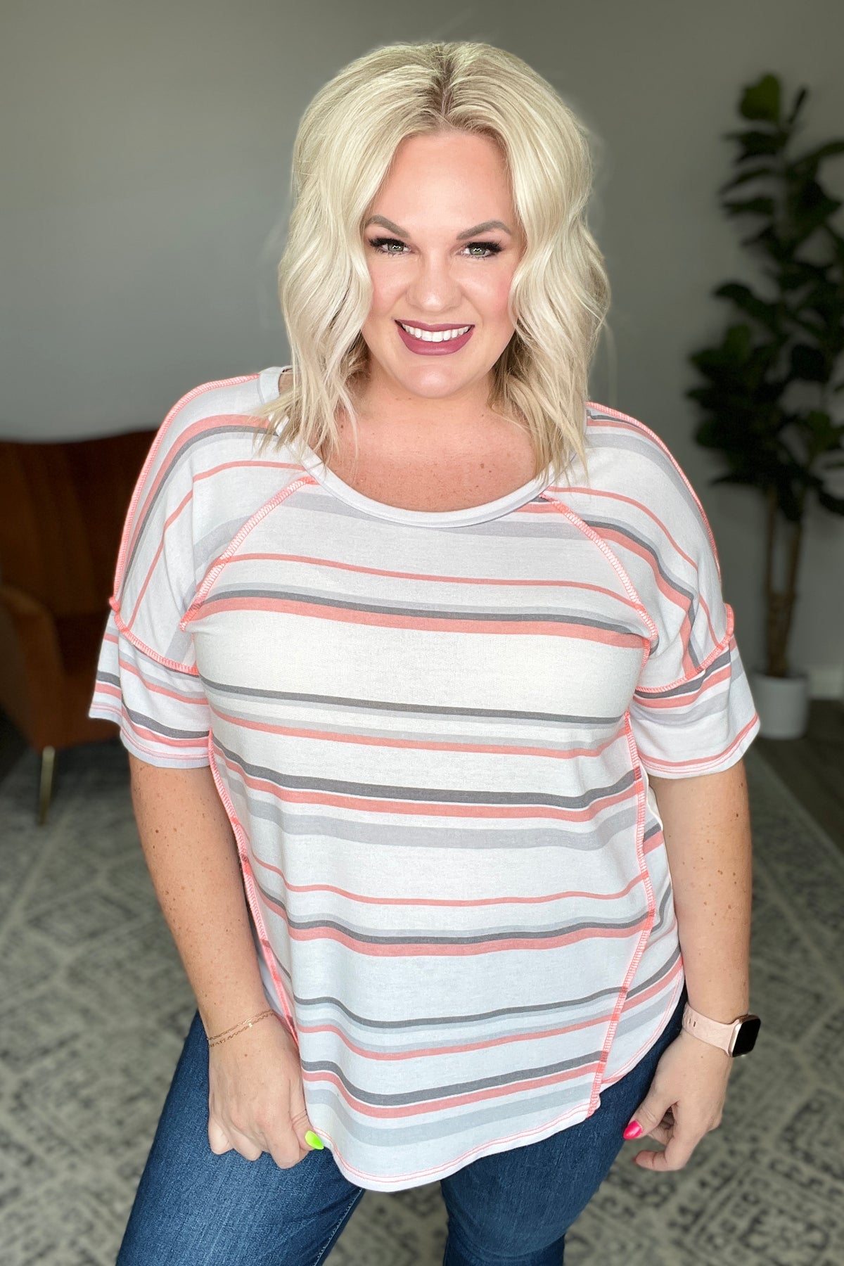 Round Neck Drop Shoulder Striped Top - 6/14/2023