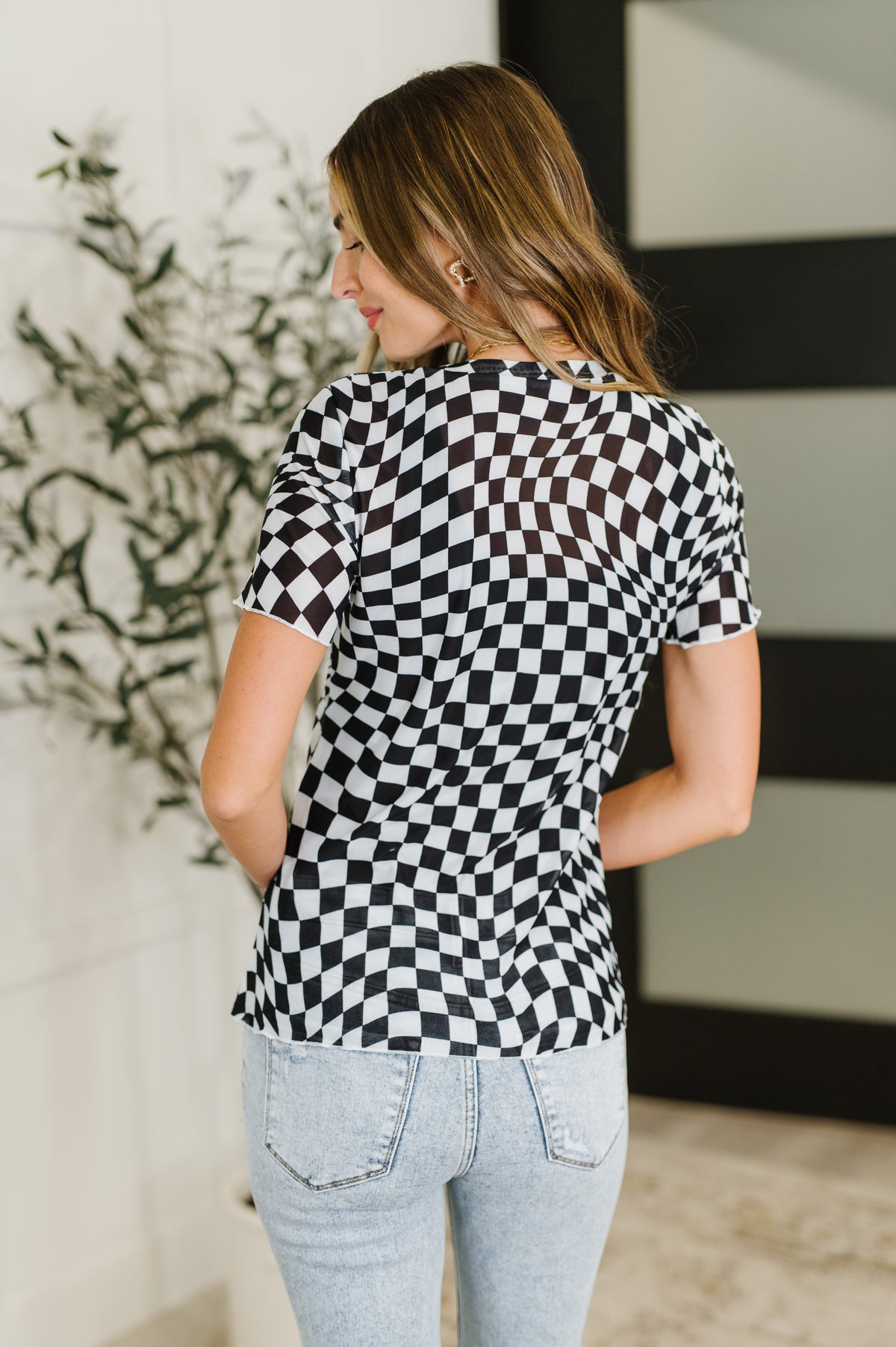 PREORDER: Sheer Checkered Layering Short Sleeve Top - Ships in 2-3 weeks