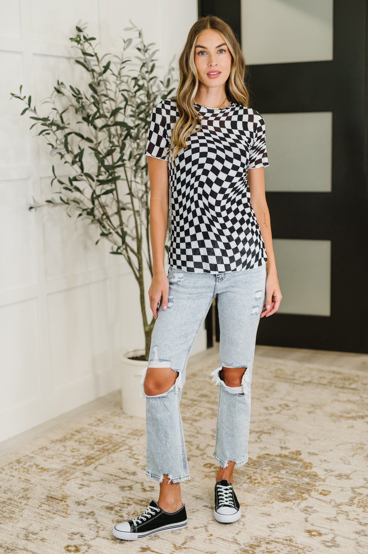 PREORDER: Sheer Checkered Layering Short Sleeve Top - Ships in 2-3 weeks