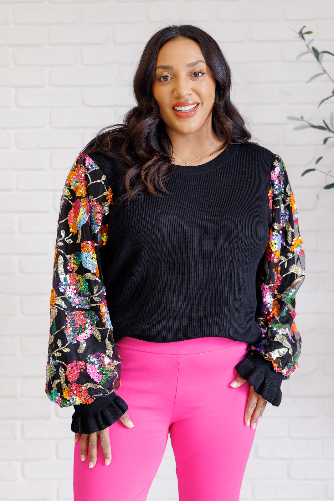 She is the Party Floral Sequins Mesh Sleeve Top - 9/11/2025