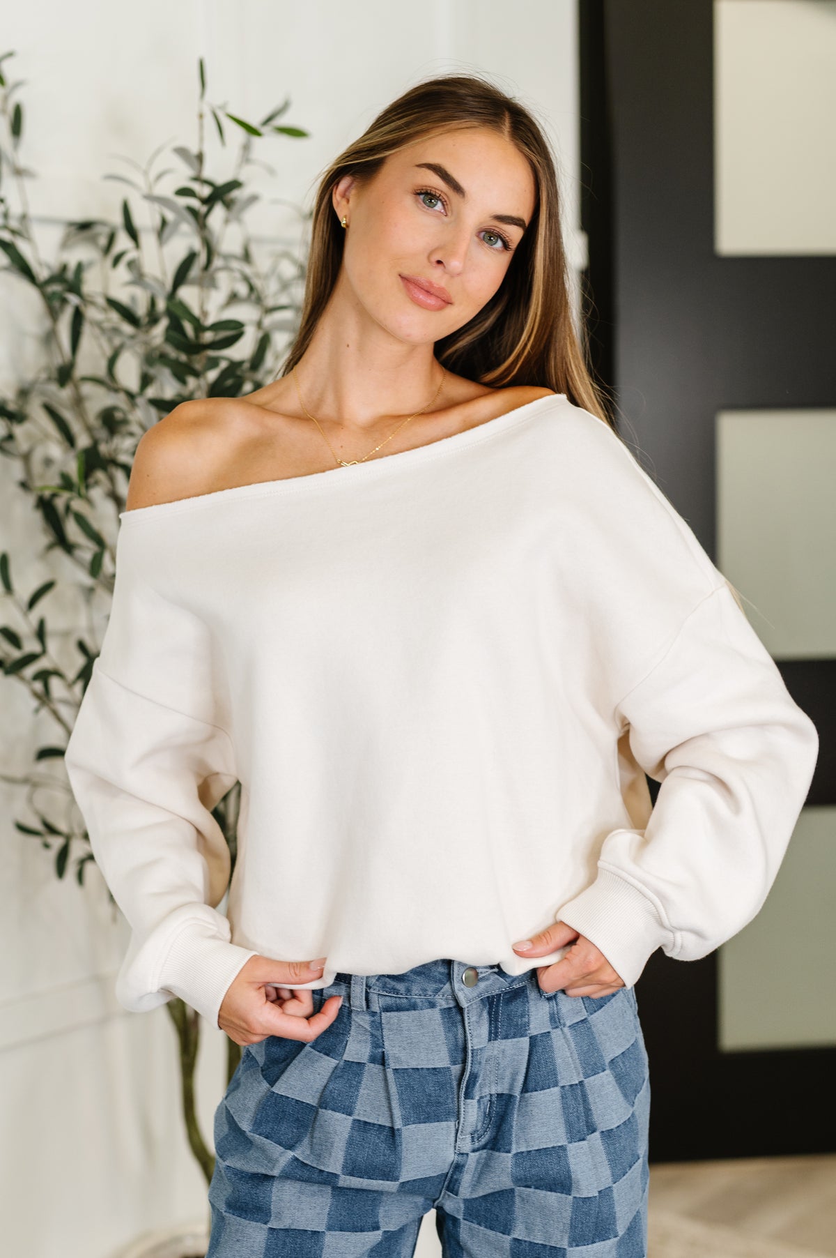 Side Hustle Off Shoulder Long Sleeve Top in Bone - 8/1/2025 NEW