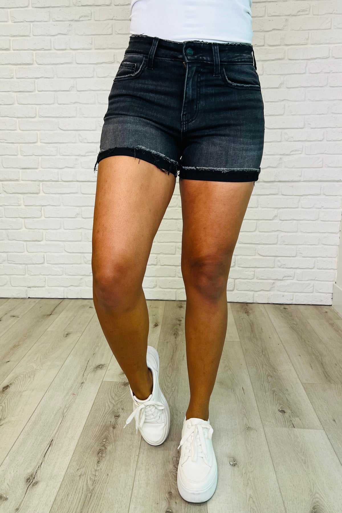 Sunset Stroll Distressed Hem Shorts in Washed Black - 3/4/2025