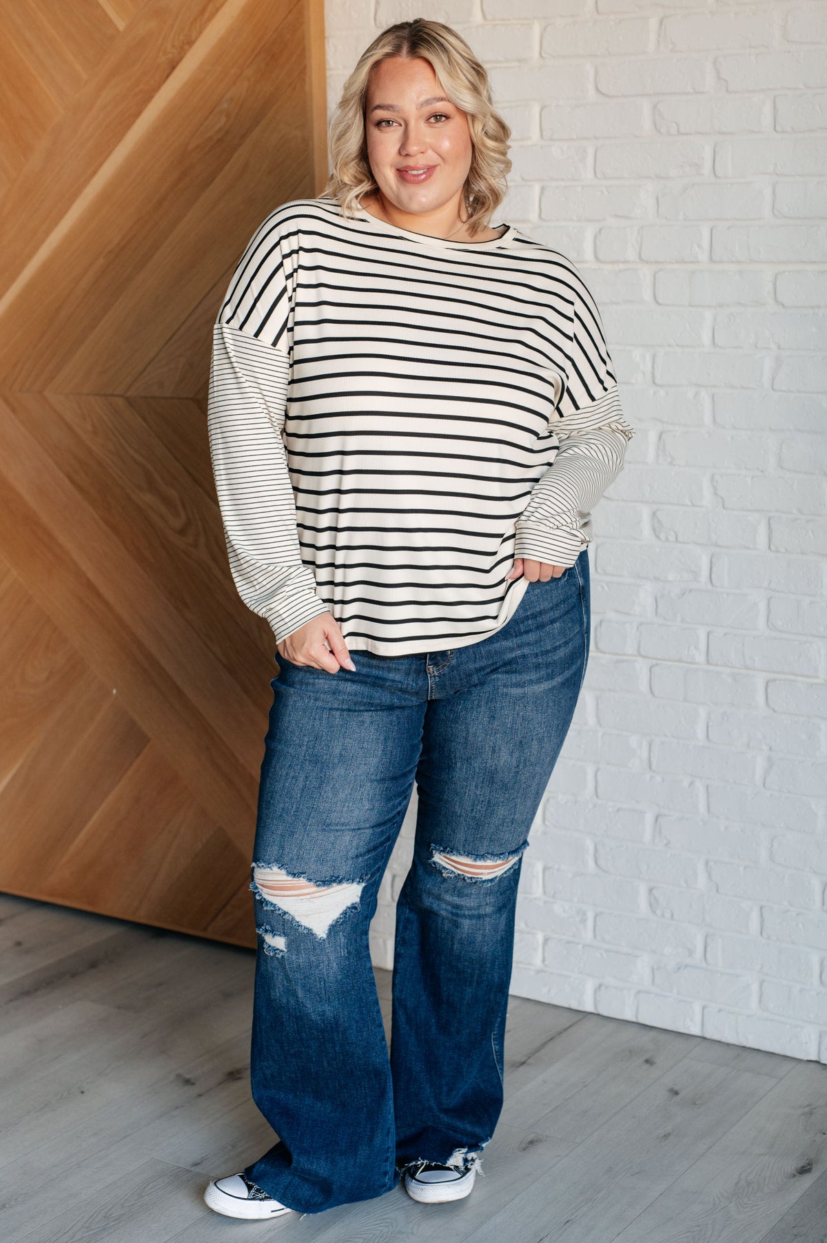 Super Clever Patchwork Striped Top in Ivory - 12/3/2024