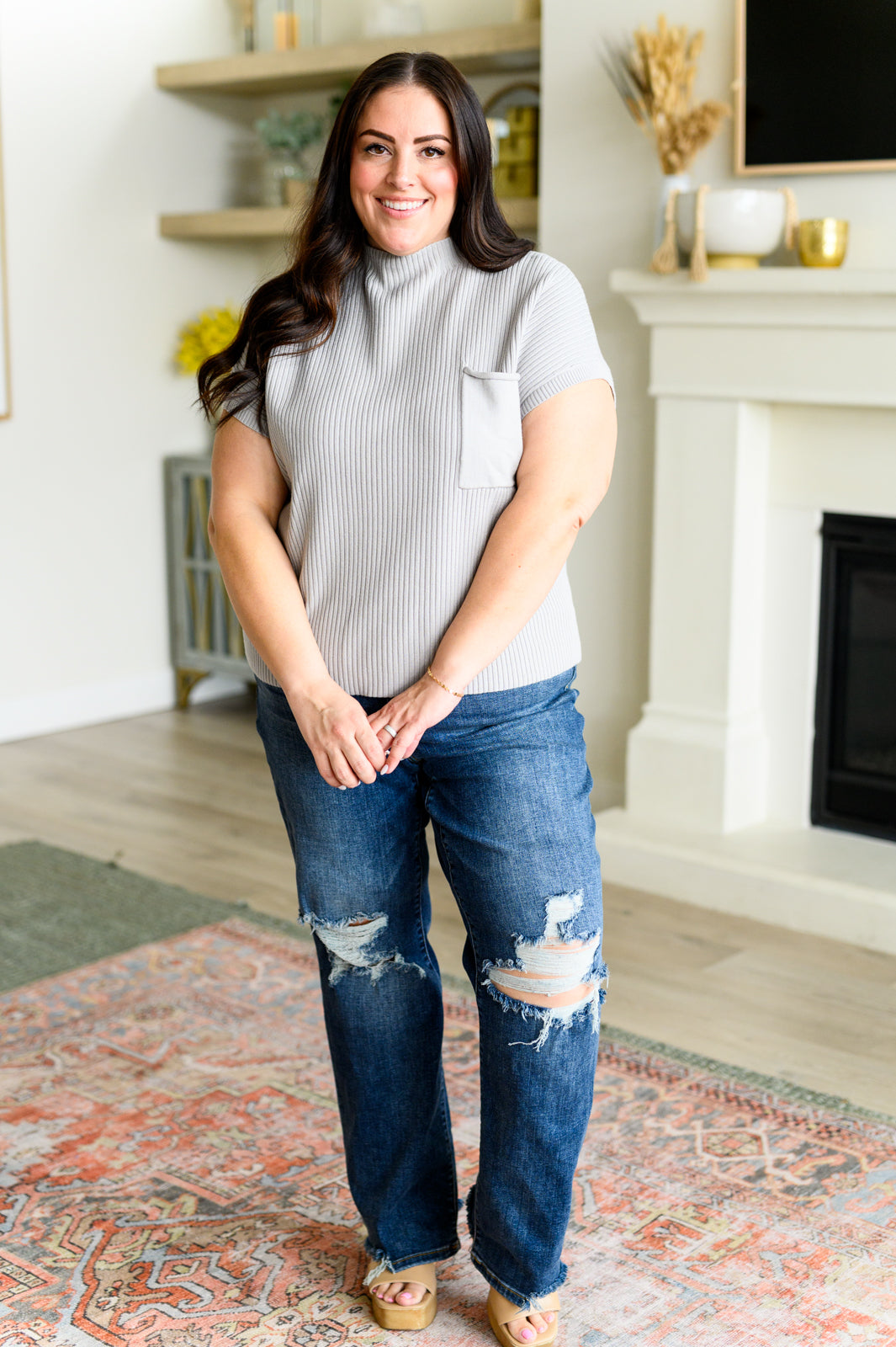 This Little Life Mock Neck Short Sleeve Sweater in Grey - 3/3/2025