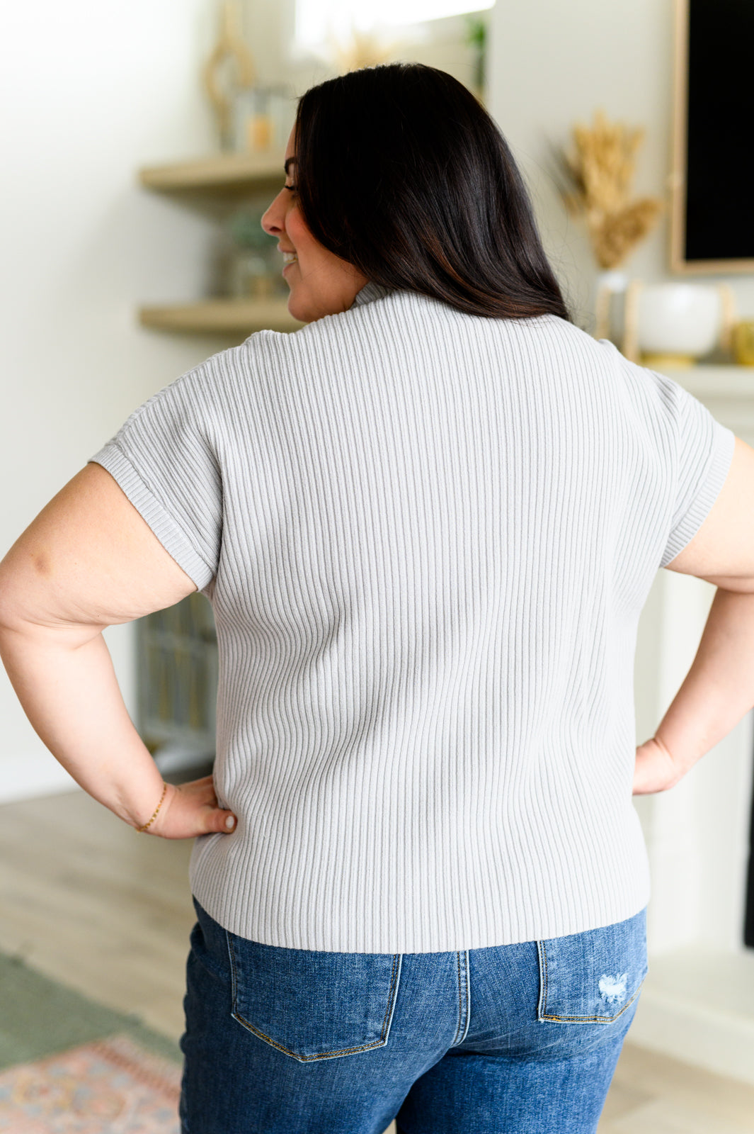 This Little Life Mock Neck Short Sleeve Sweater in Grey - 3/3/2025